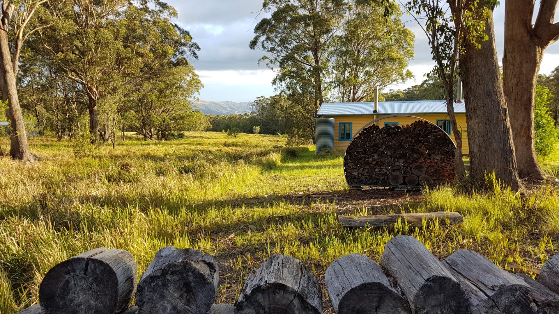 Looking past the woodstacks to the eco-cabin and the Hunter Valley below