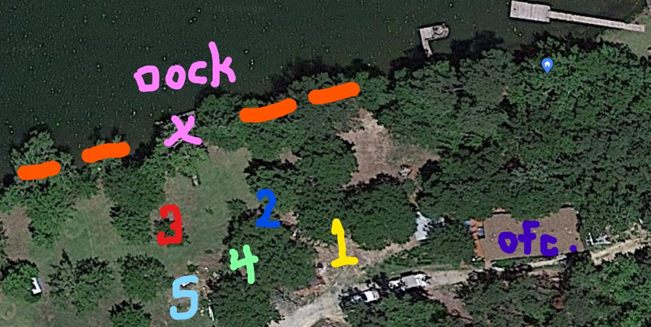 This Photo Better shows Campsite Locations.  #1, #4, & #5 are on the Upper level. Which is only a few feet further from the Water.  The Campground Community Dock is Noted in Light Purple.  The Orange Lines indicate Private Docks/Boat Slips that may be Rented 
