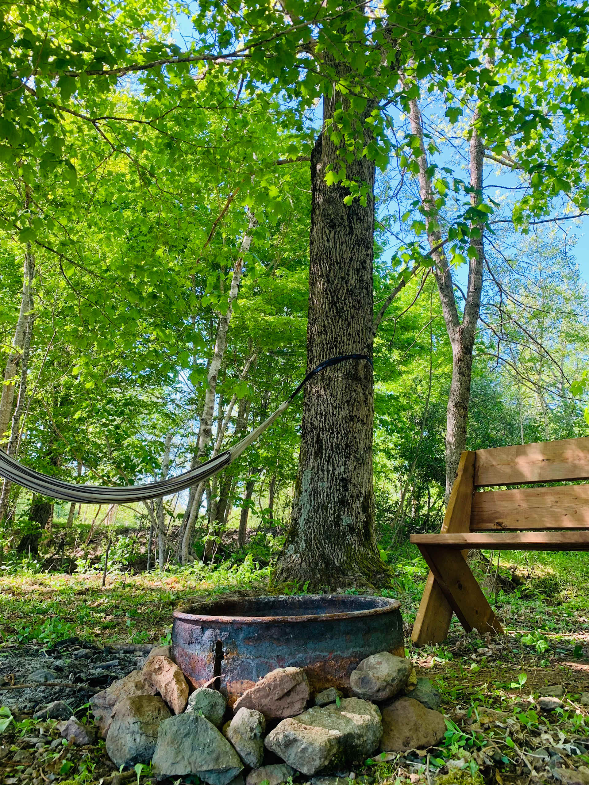 Your firepit borders the Brook is beautiful in the evening with your mini lights that surround it. 