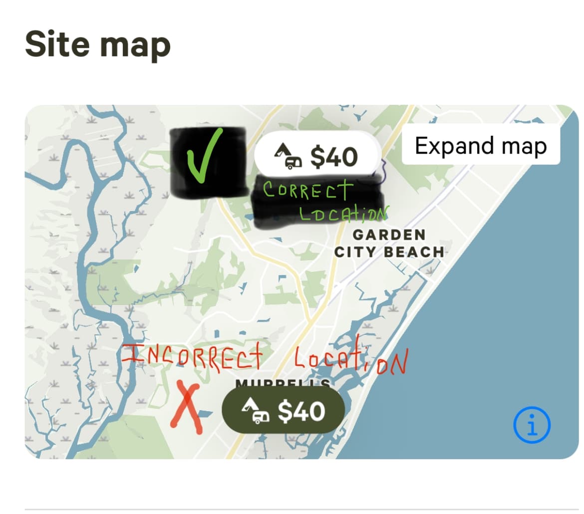 Unfortunately the platform has incorrectly placed this sites location on its map several times, reported and corrected each time I’ve become aware. Adding this picture to hopefully inform interest guests before being mislead, wasting their (your) valuable time. Also, adding a note at the beginning of site description of the reoccurring issue interview this map within the picture section. Sincere apologies. 
