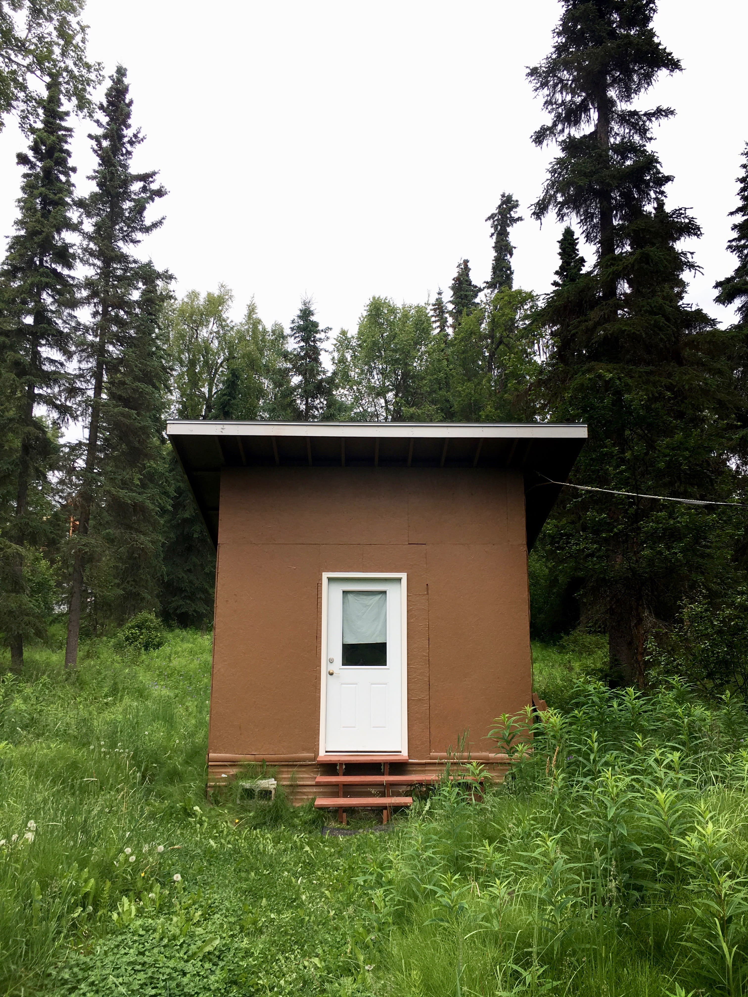 The cabin is surrounded by towering spruce trees on 3 sides