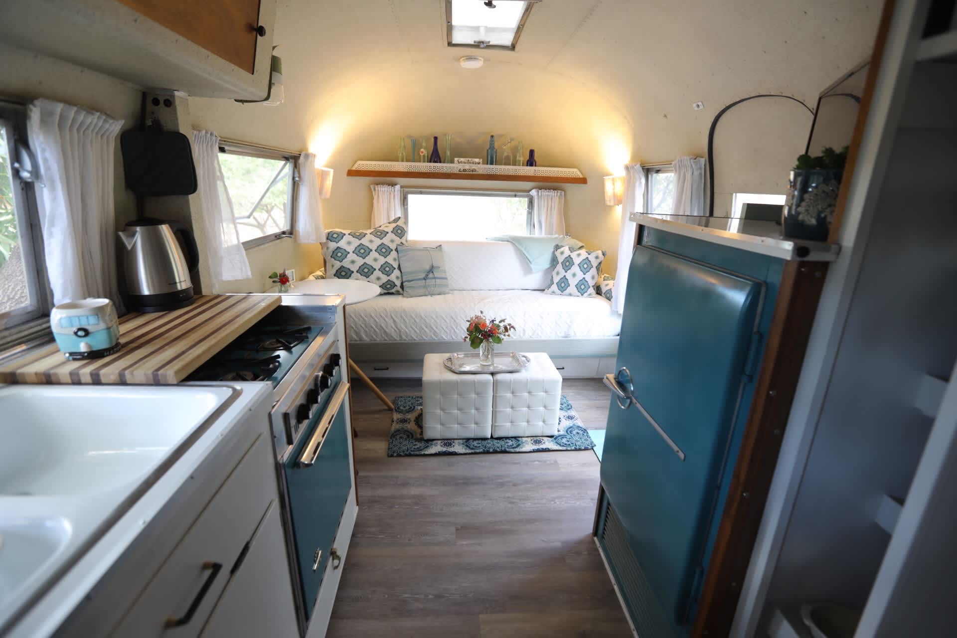 Beautiful restored Airstream kitchen and living area
