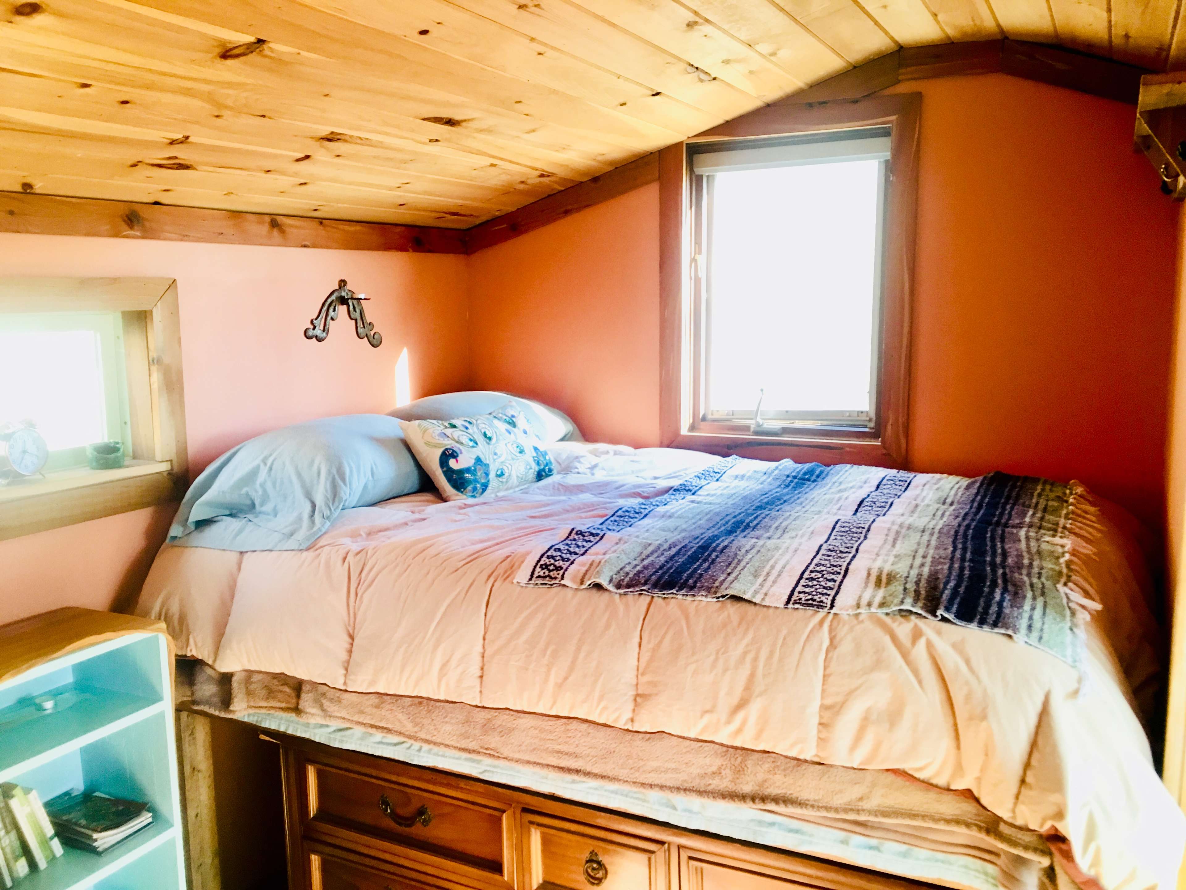 full-sized/double bed in little fern cabin (note:  bed is elevated and requires the use of a step stool)