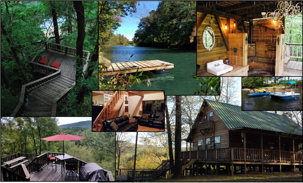 80 acres to explore completely on your own!  Large decks and porches, outdoor bathhouse with large shower and tub, simple but clean indoor bathroom too, floating dock on the river for sunning or napping