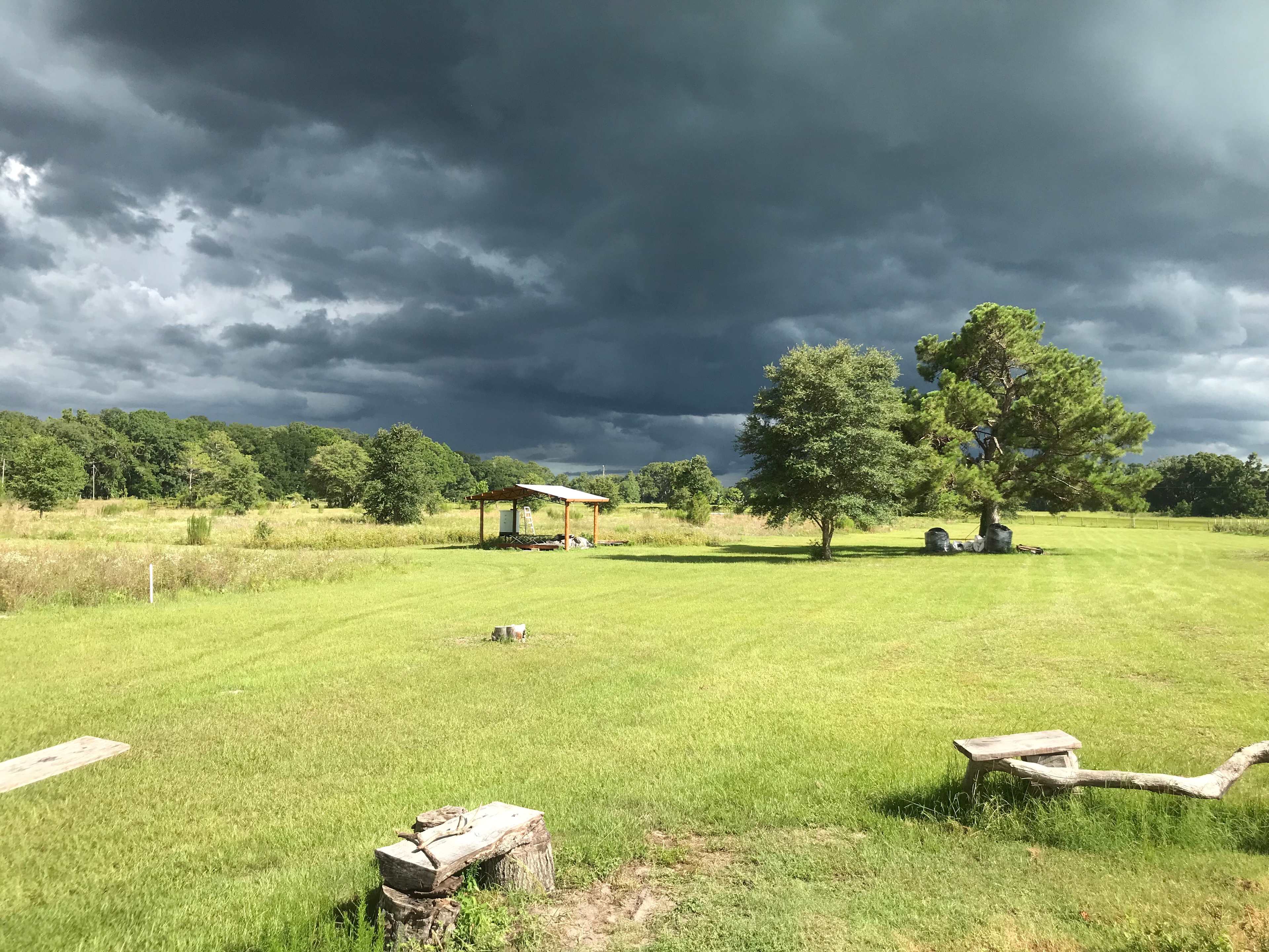 View of camp site field and outhouse currently under construction. 