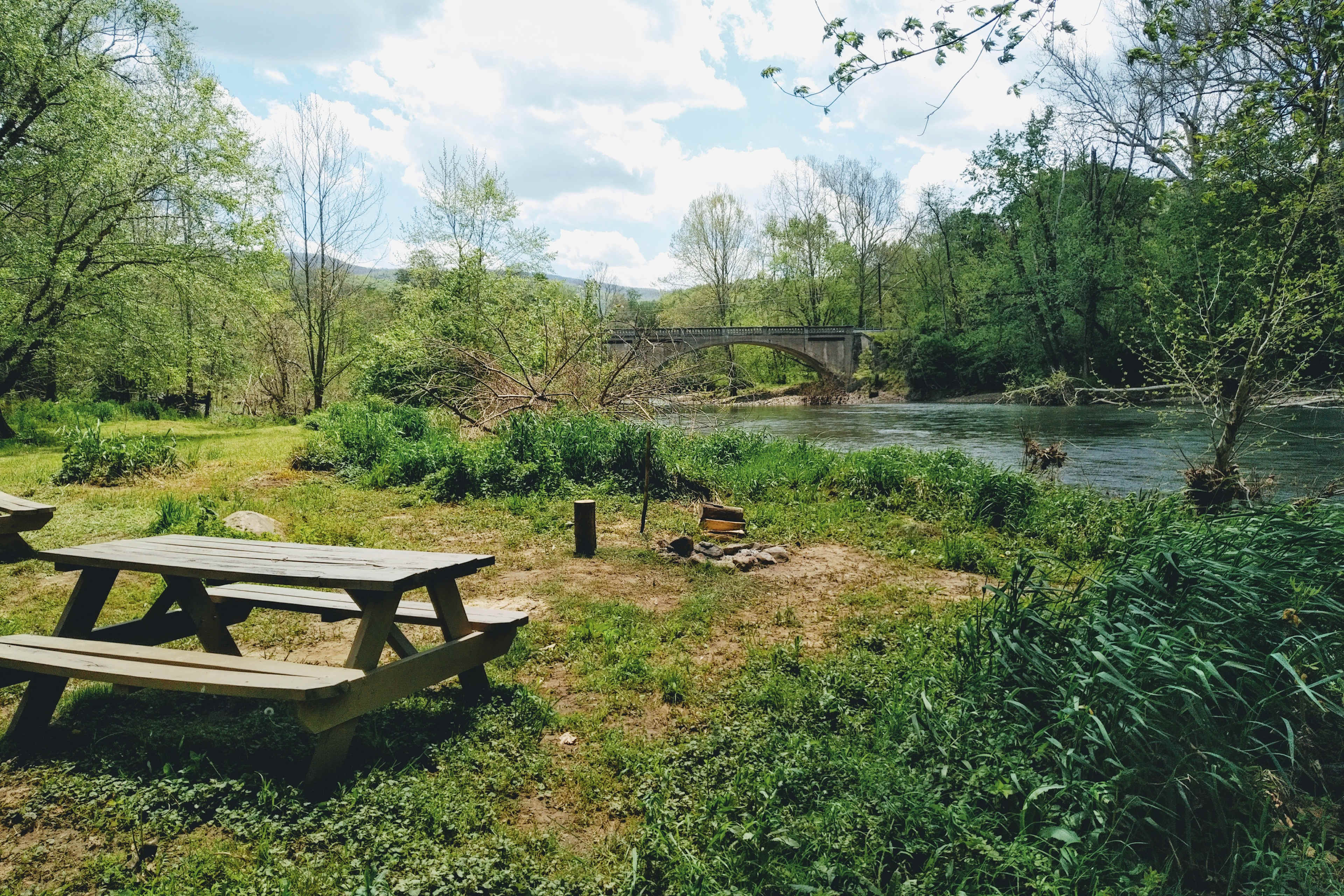 View upstream (North) from South end of site. Seems to have become favorite spot on the site..
The ground is not perfectly even, but plenty of spots for tents.
Site stretches to tree line on left hand side in the back