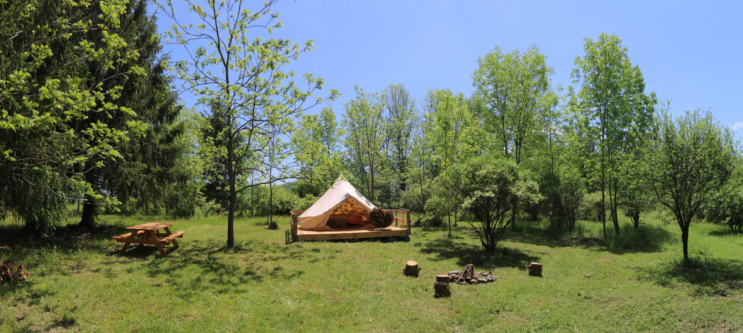 A secluded site, with a new platform that keeps the tent level and dry.   Just steps from the pond. 