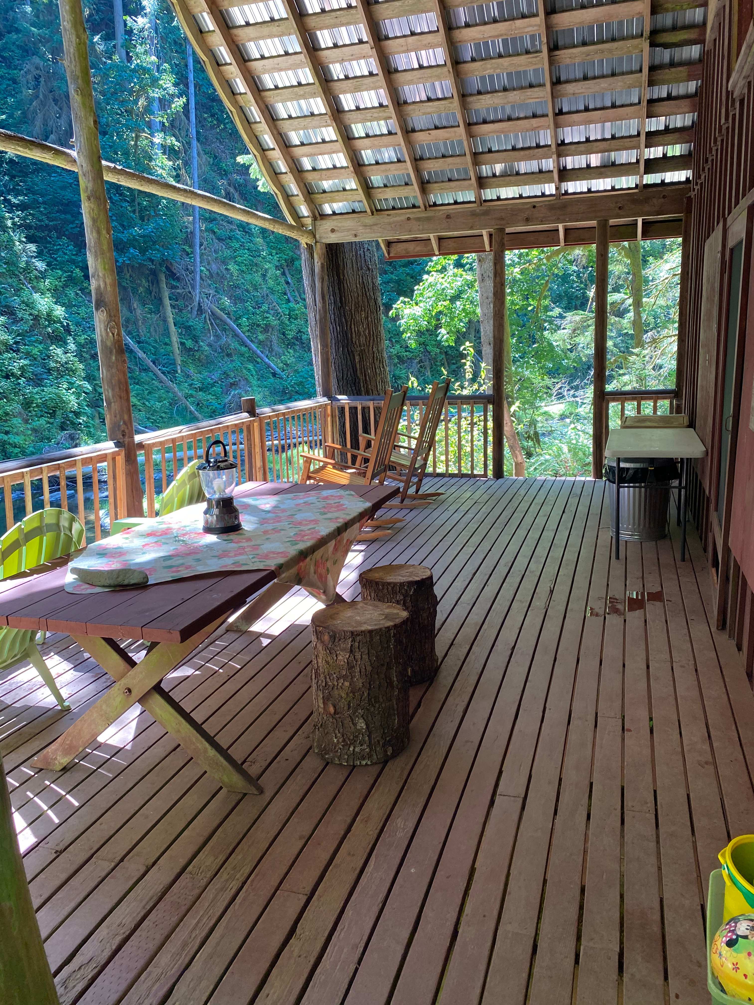 Giant covered porch worn picnic table, rocking chairs, and adriondak chairs, 2 small tables available as well  