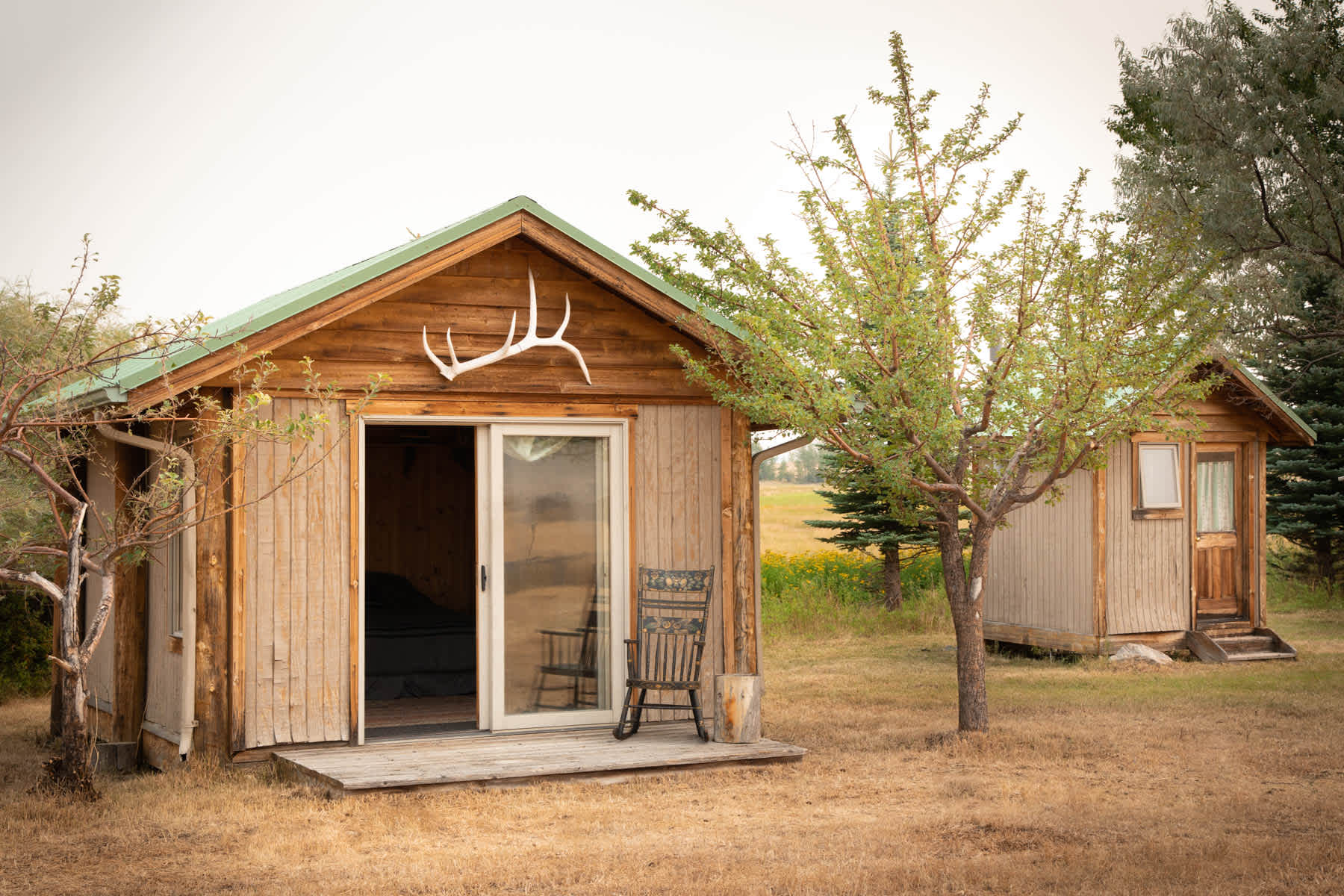 This 10' x 12' cabin and bath house have all you need for a cozy night.  Queen bed, wifi, electricity, desk, sink, shower and toilet.