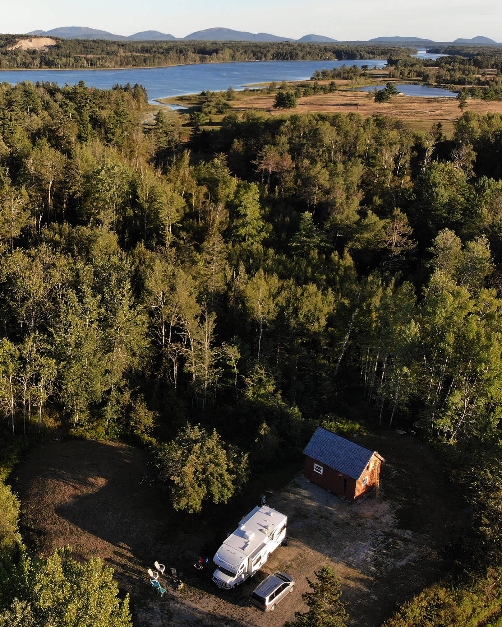  Aerial view of Ellie's RV spot including Airbnb cabin. Image by Daniel Seagull.