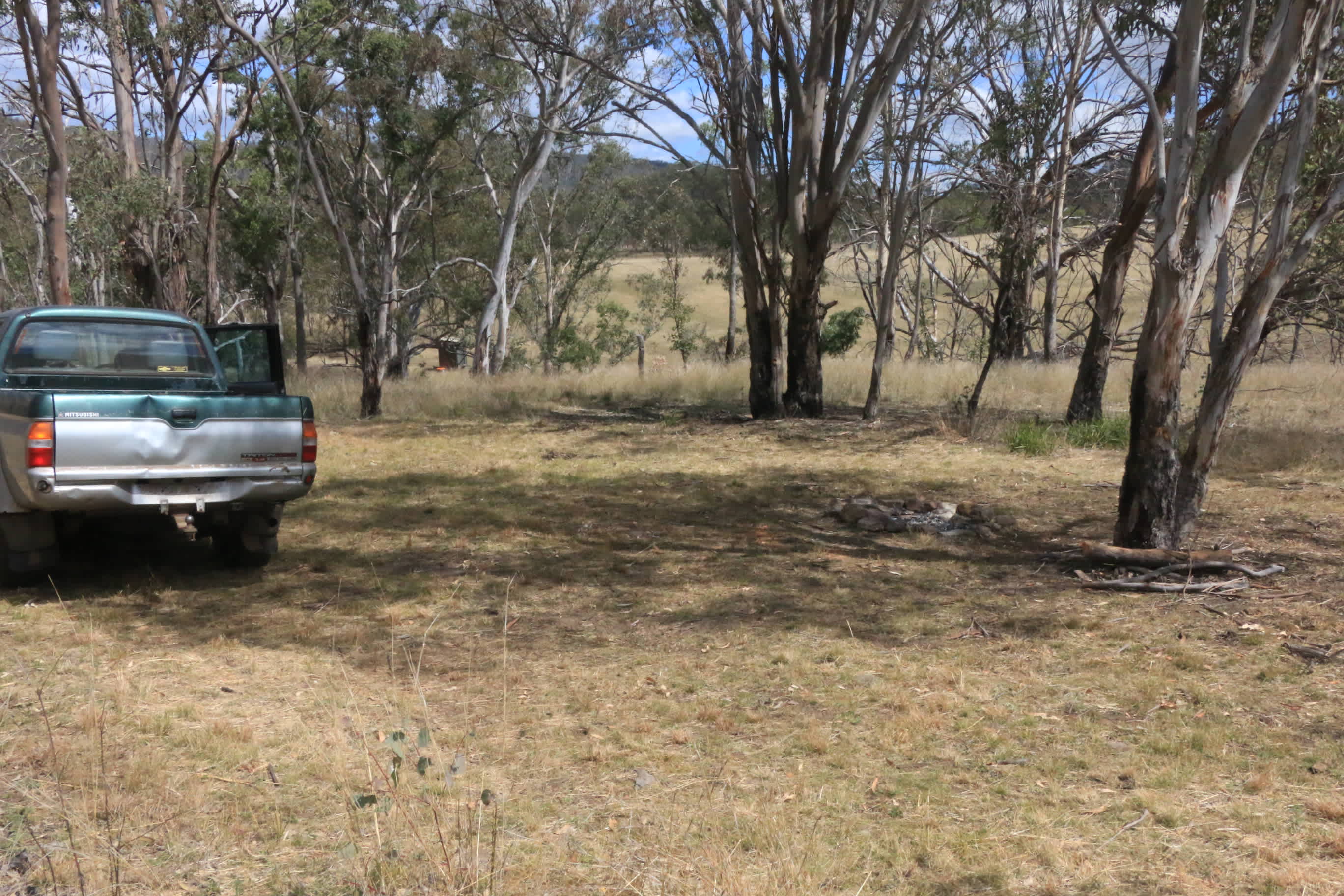 The Dianella Ridge camp site looking across the gully to the paddock beyond. The creek is to the left down the hill
