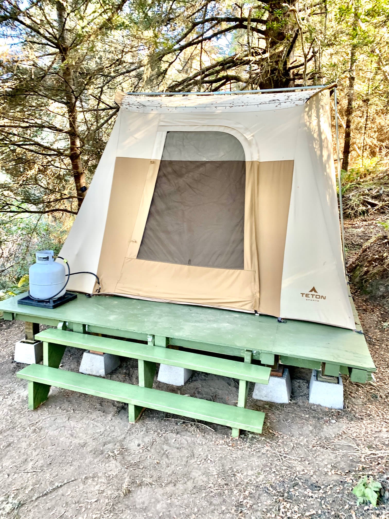 Your brand new 10 x 10 canvas tent on a platform.  A propane fireplace inside keeps you warm and cozy all night long..  