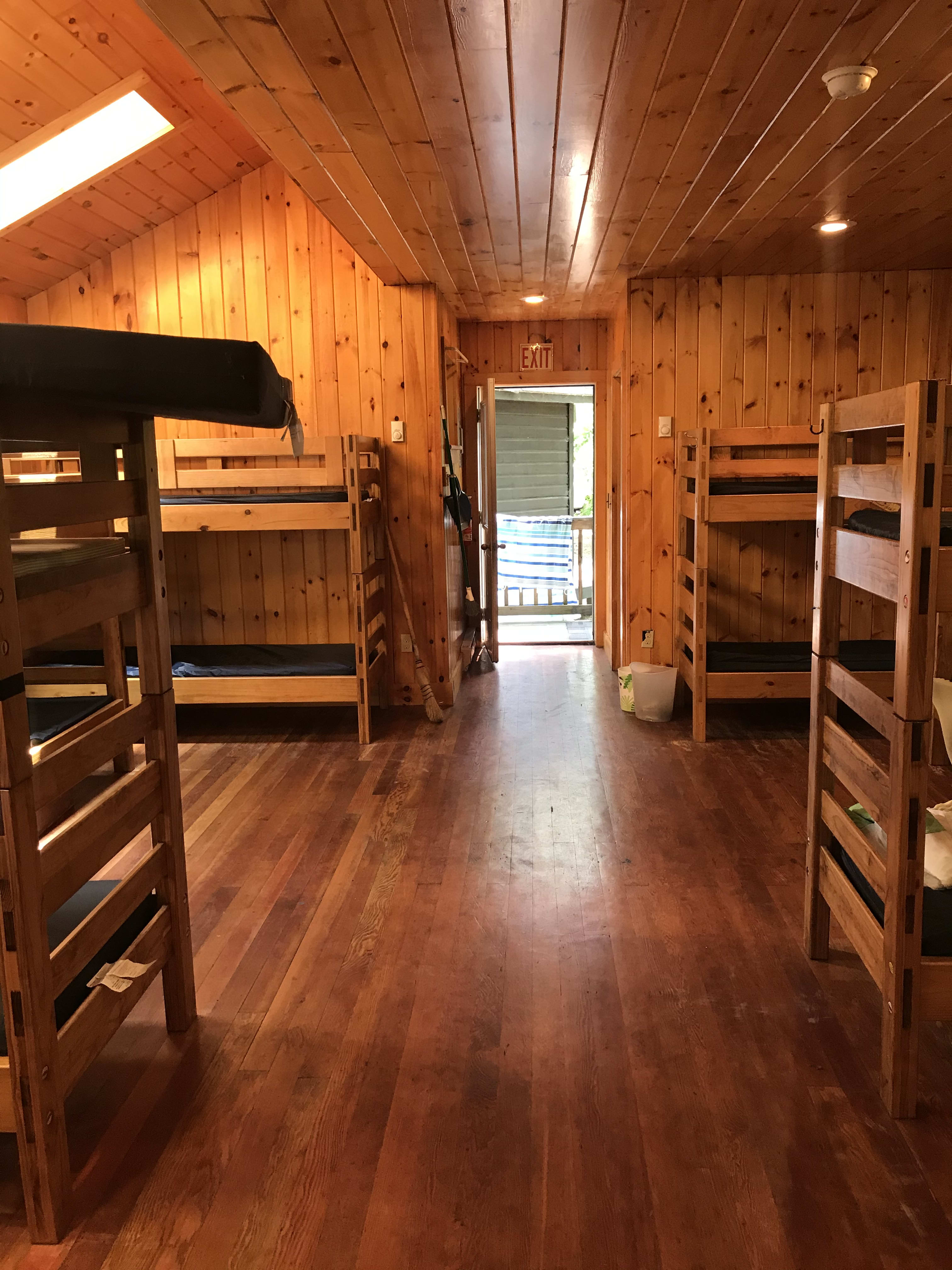 Chadwick is a pine lined cabin with hardwood flooring, bunk beds, skylights and a full private bath.