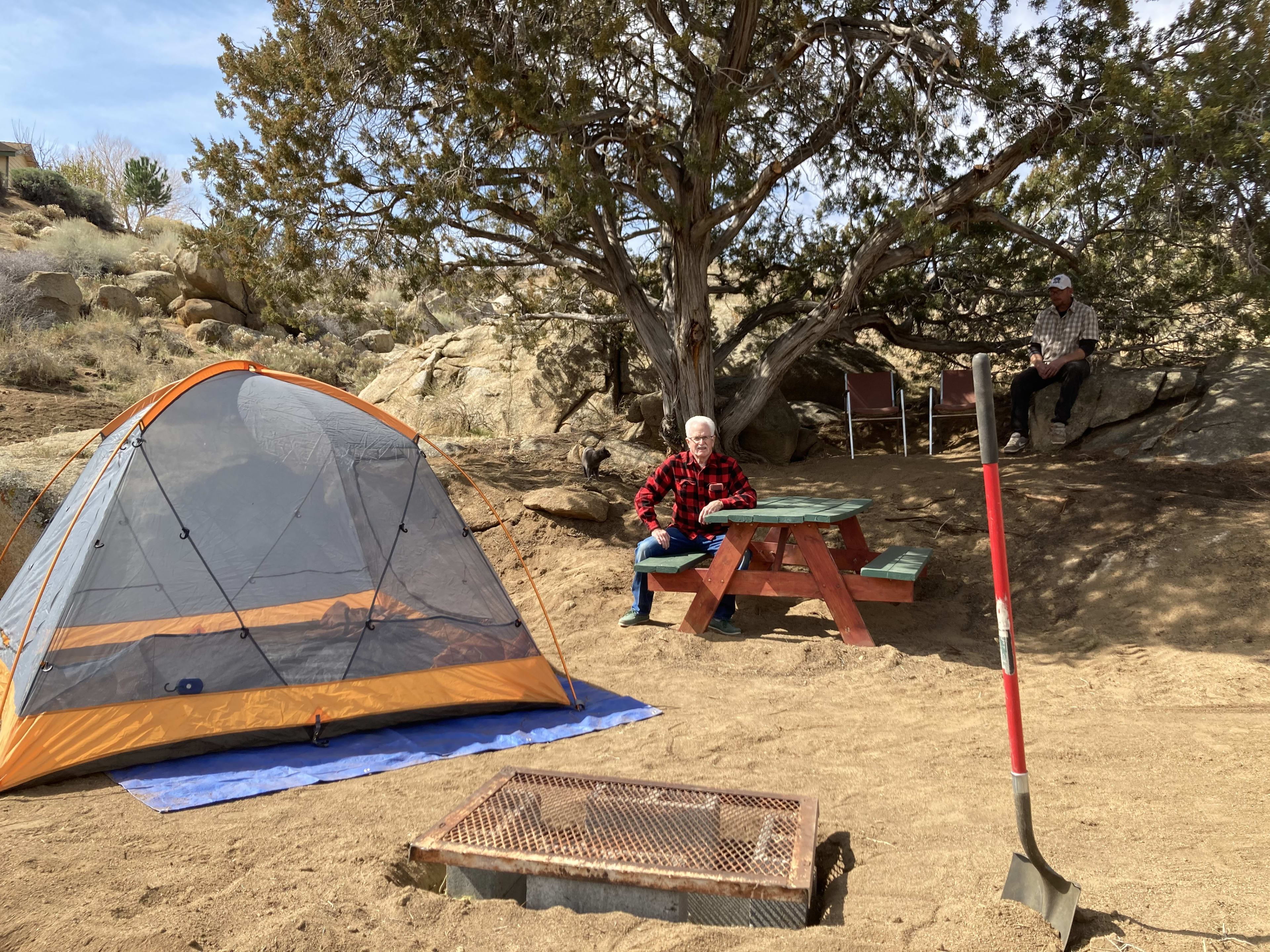 Juniper shade with cooking pit: allows 3 two-man tents