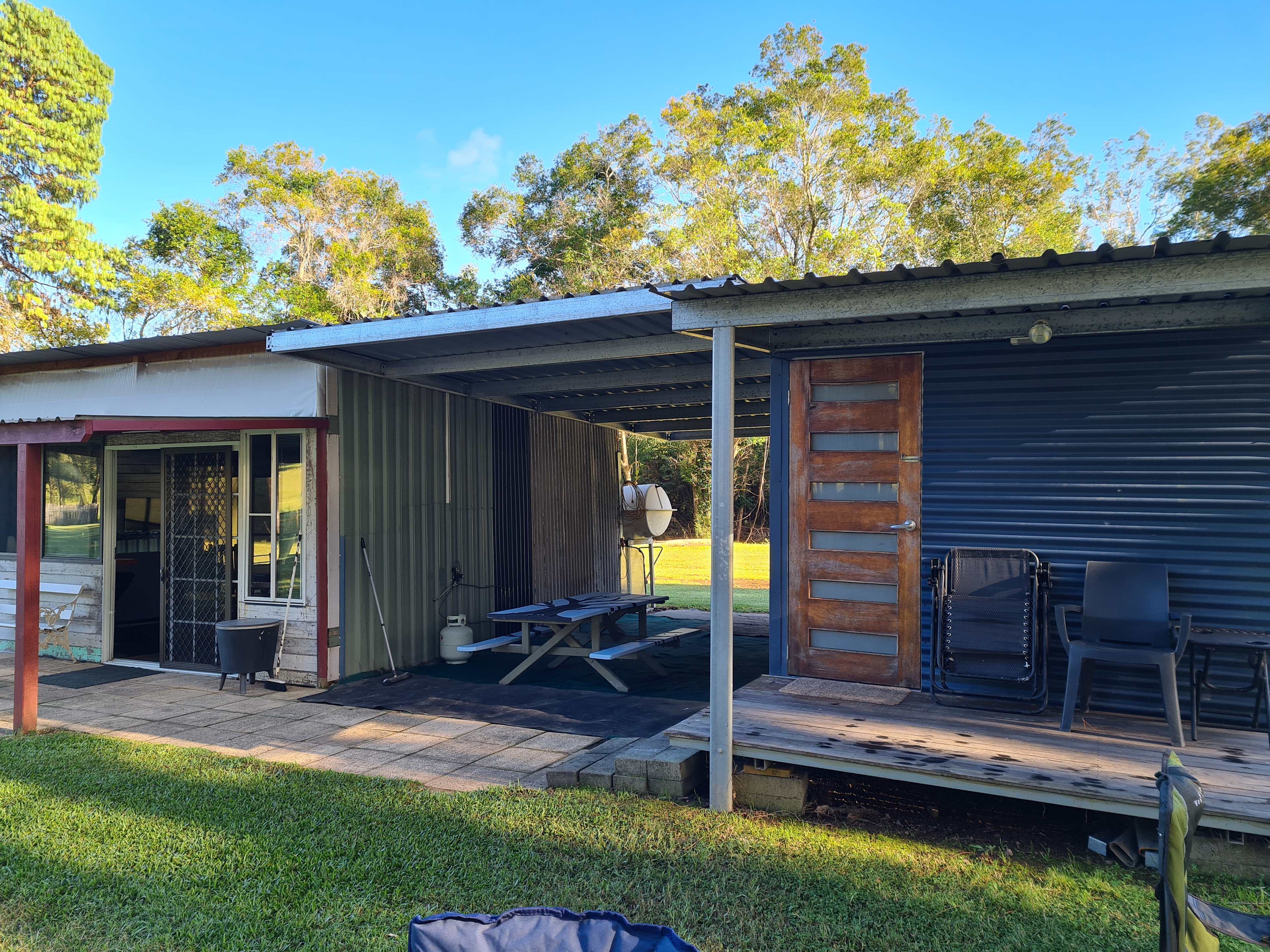Cabin and camp kitchen are located ideally next to each other, with indoor and outdoor seating options availble