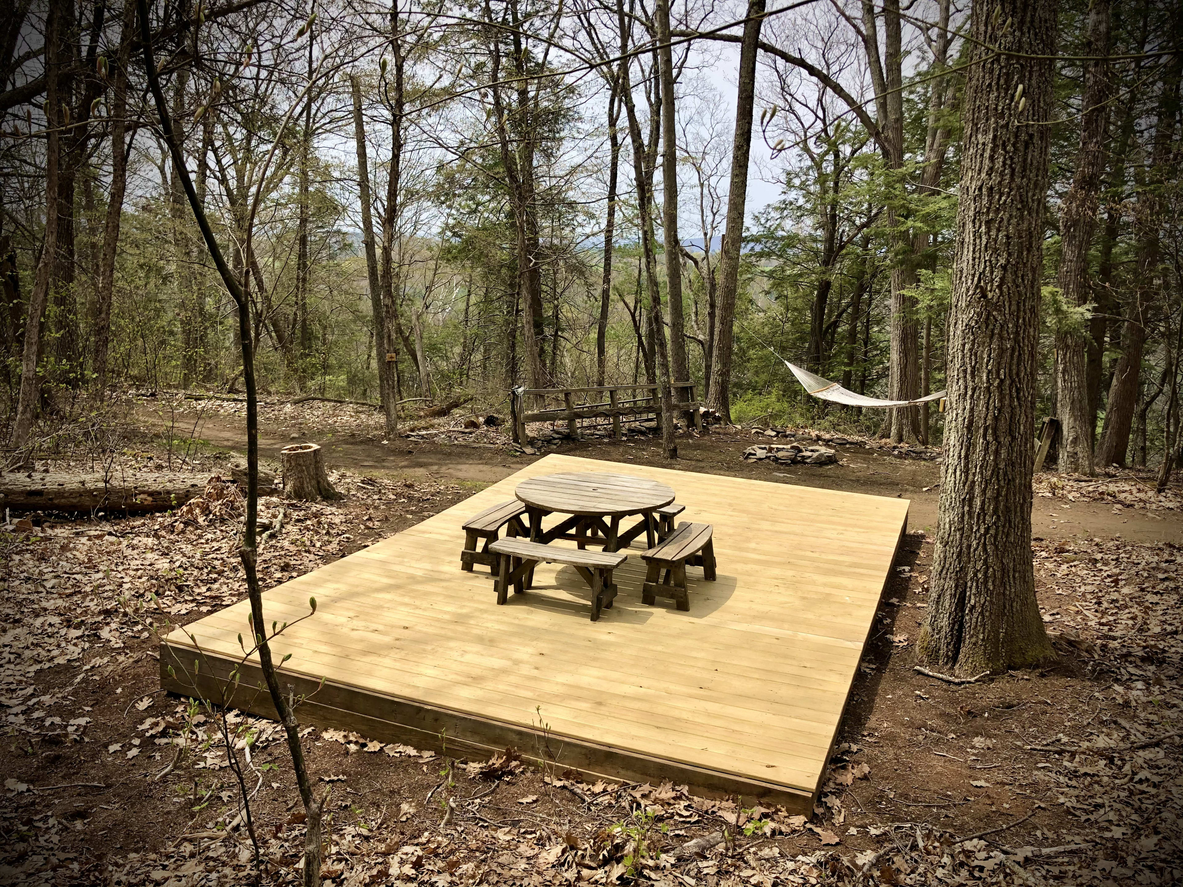 This is it. A simple, sturdy platform to pitch your tent. The site includes a picnic table with four benches, firewood and fire-pit, and an outdoor hammock to lounge in.