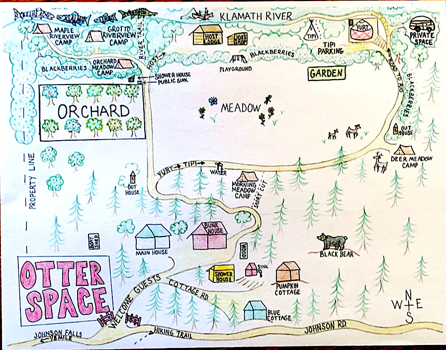 Otter Space map for 2021 (by Wendy Moore, resident artist!) Pumpkin & Blue Cottages, Upper Barn, Main House, Riverview Yurt, Romantic Tipi, Morning, Orchard & Deer Meadow Camps,  Grotto River & Maple River Camps   Come visit & relax! 