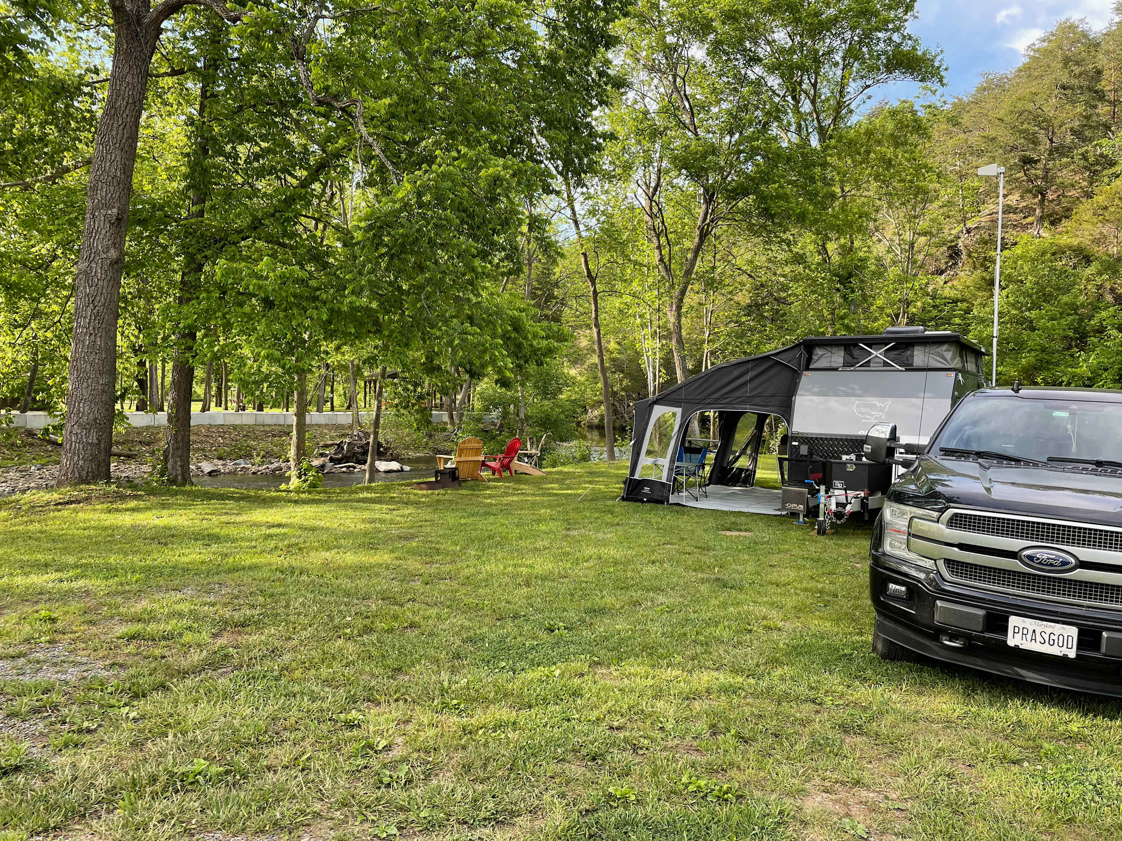 Site 1,  prime spot on the trout stream, with 50A/30A, water, and dump station available on your way out. 