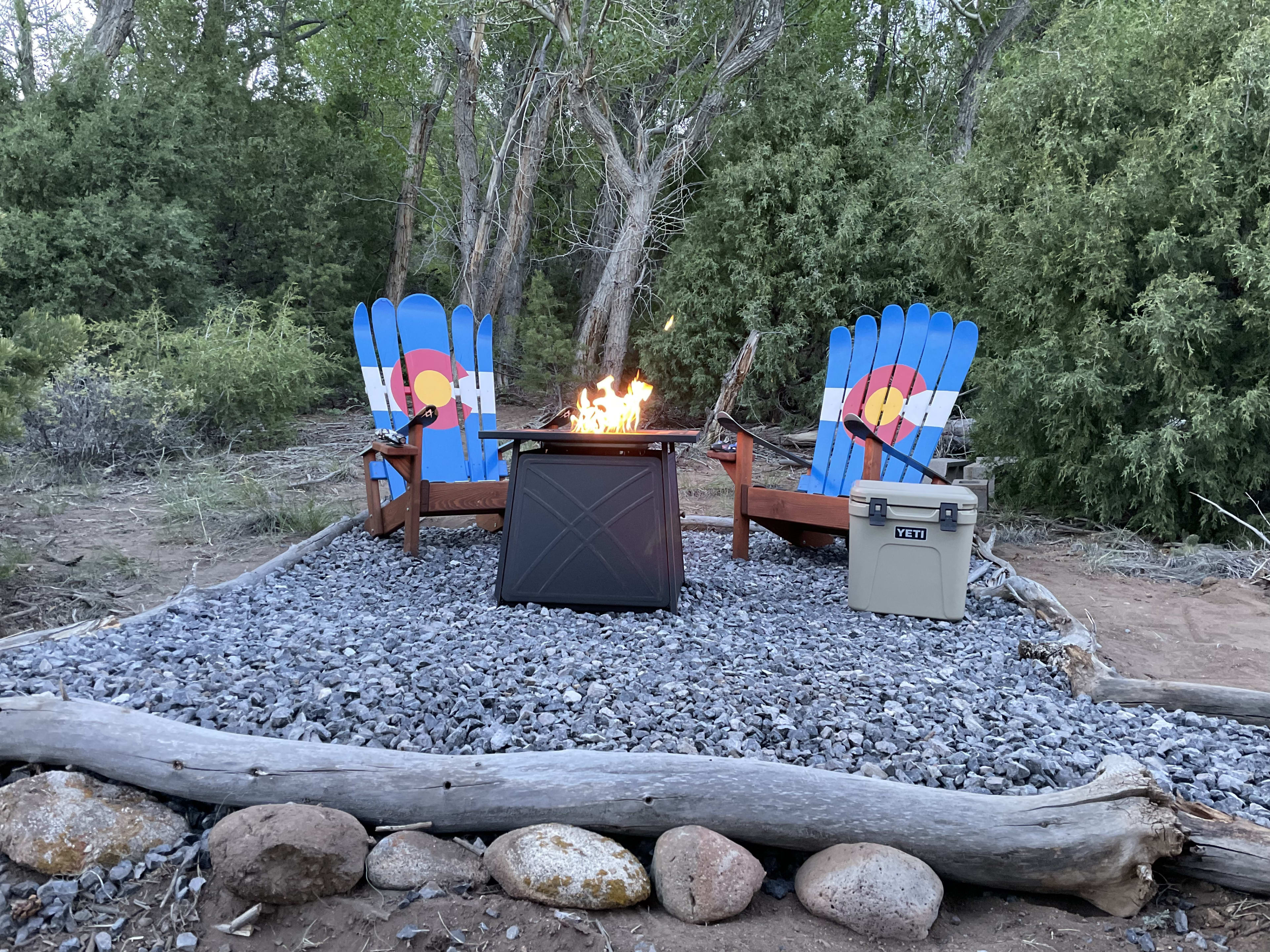 Instant relaxation provided with two Adirondack chairs and a gas fire pit 
(BYO propane)
