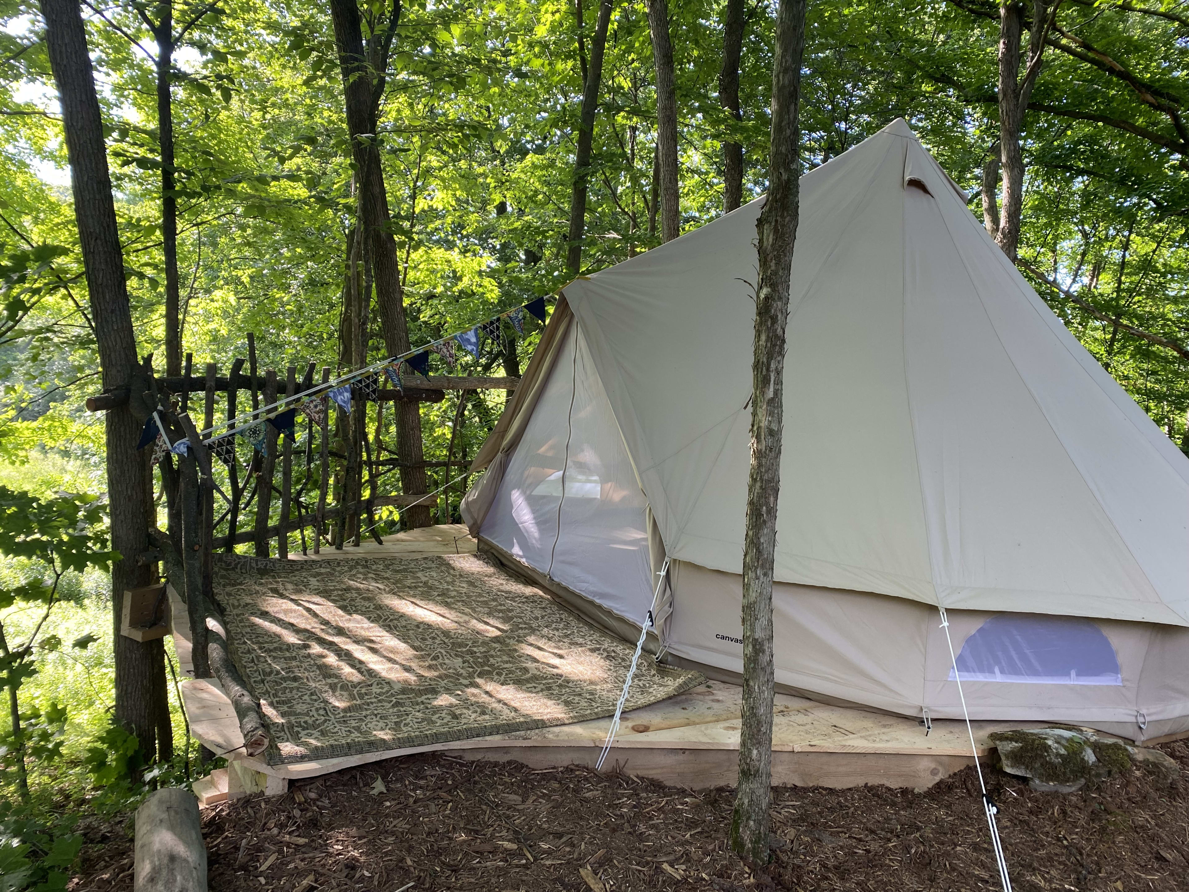 Canvas Camp bell tent at Old Oak sits on a cantilevered platform up in the trees