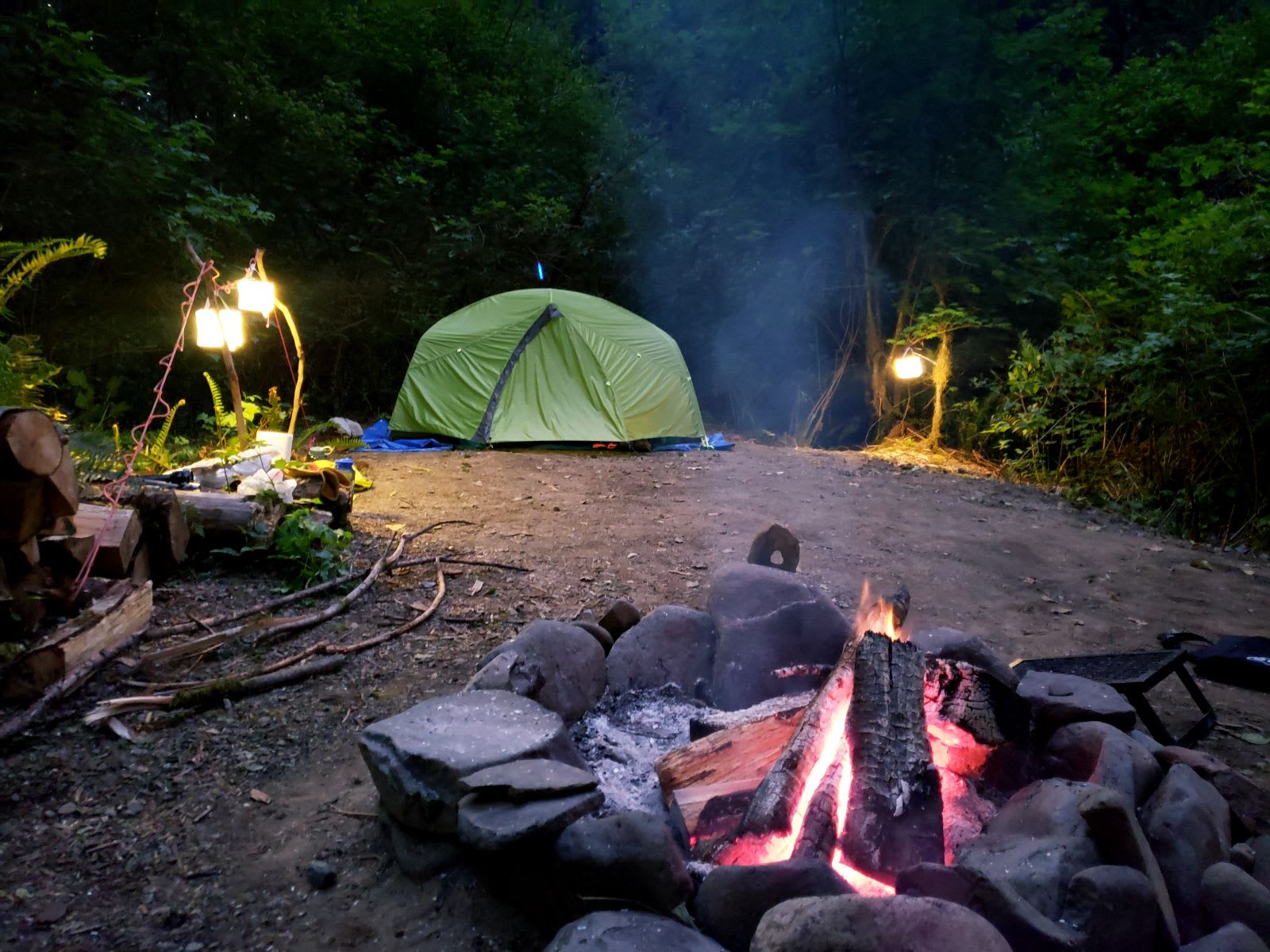 Camping in forest, next to a creek.