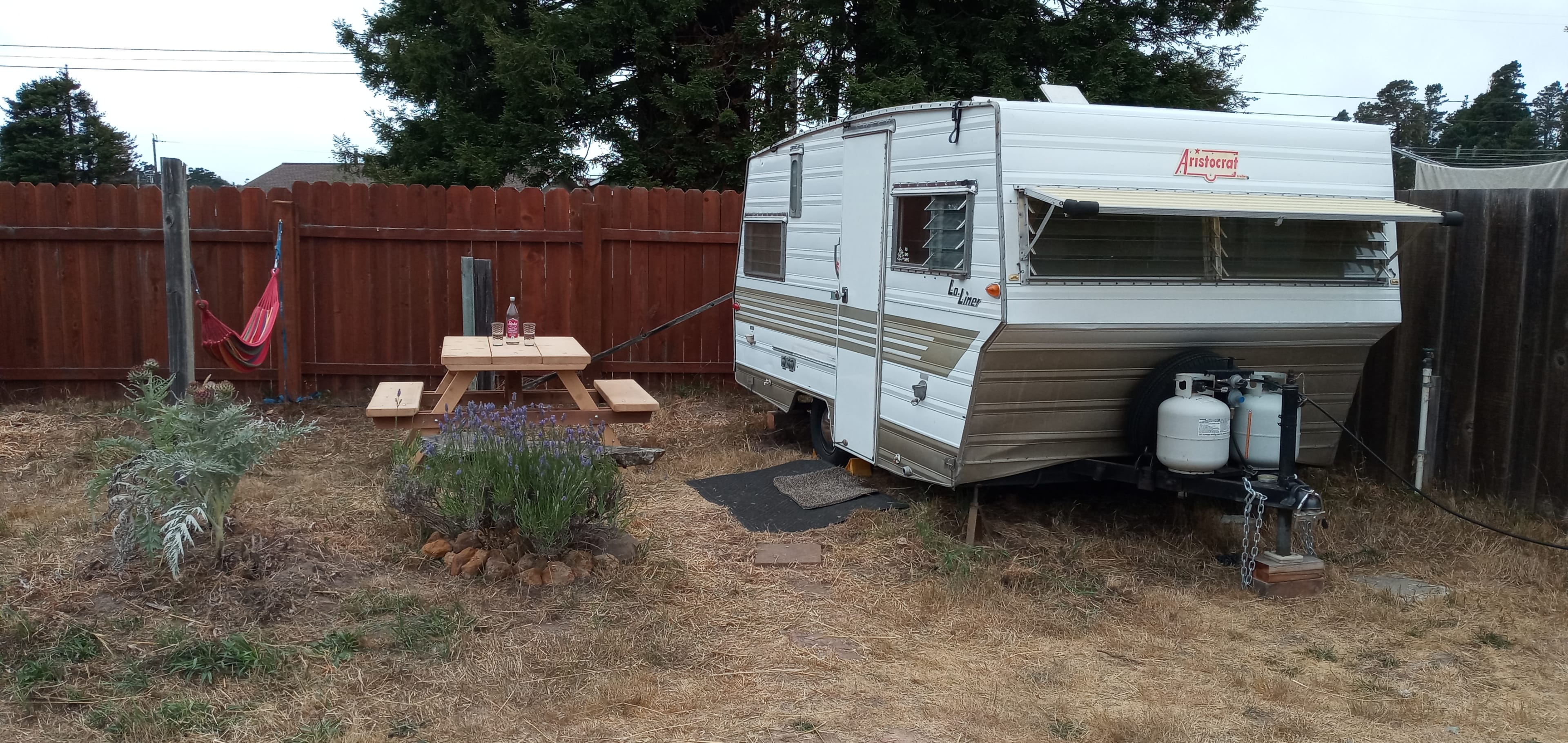 exterior view of trailer with picnic table and hammock