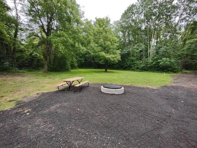 Community firepit with cooking grate with picnic table. Firewood is available for purchase.