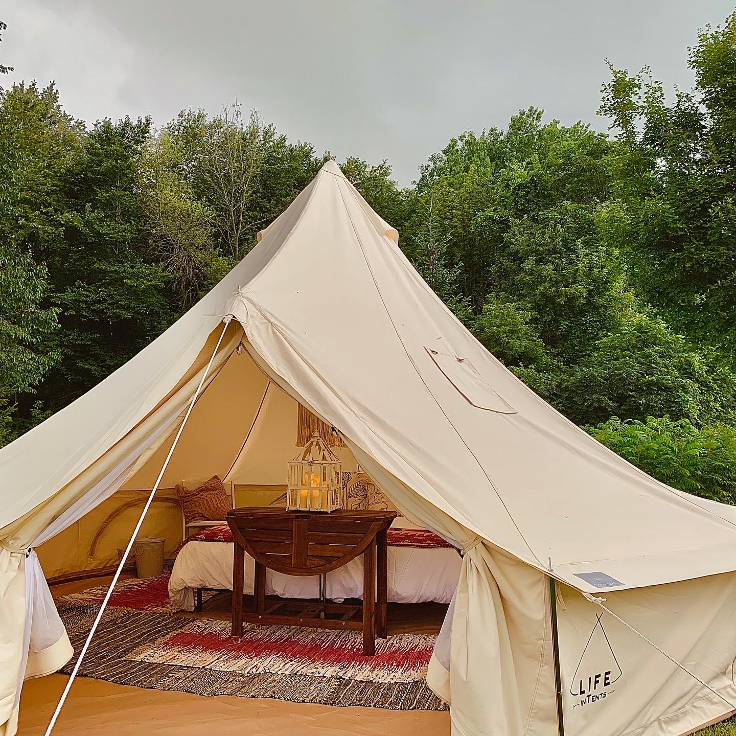 King size bed configuration show. We will customize based on the number of visitors you have. 
5 meter Bell tent shown here, actual bell tent model may differ, but quality and amenities will not. 