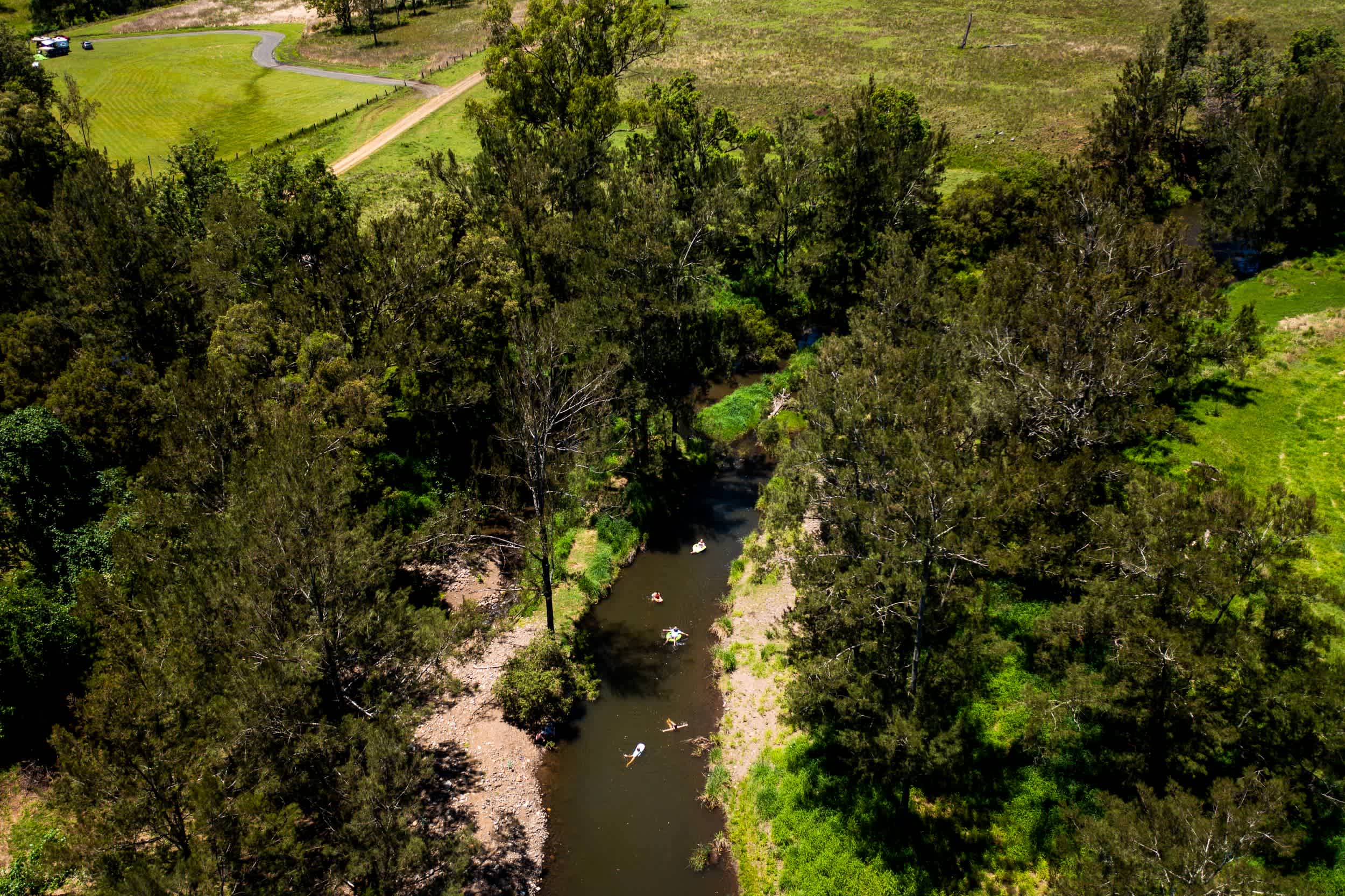 Aerial view of the Stockyard Creek Campsite and Albert River swimming hole.