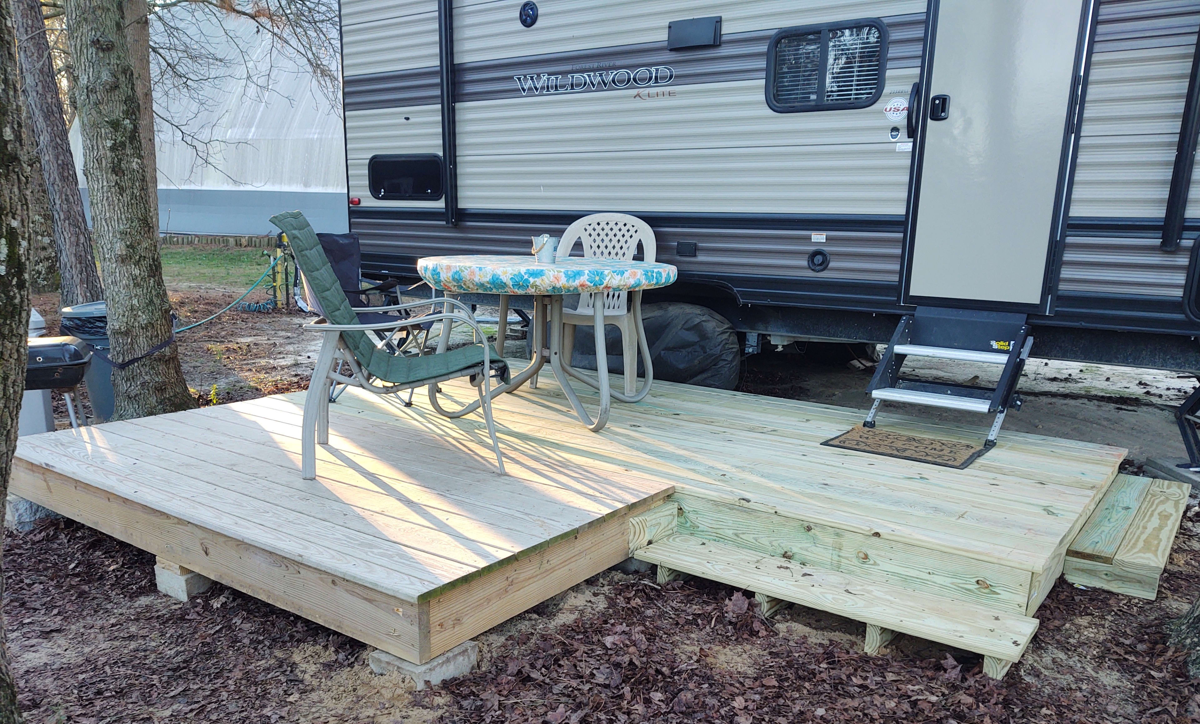 Newly expanded deck area by the RV.