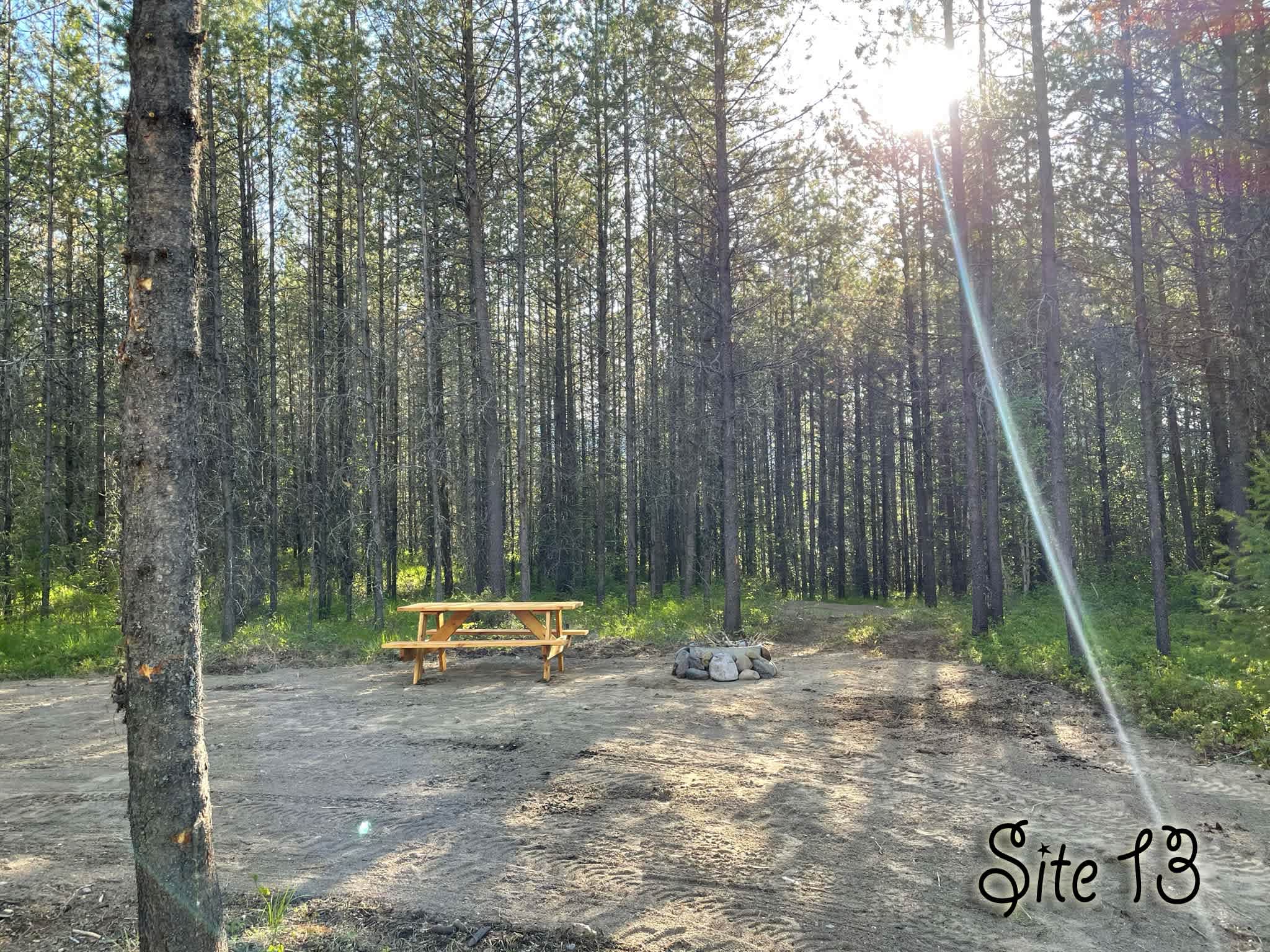 Site 13 has a pull through access and a sandy tenting spot further into the woods