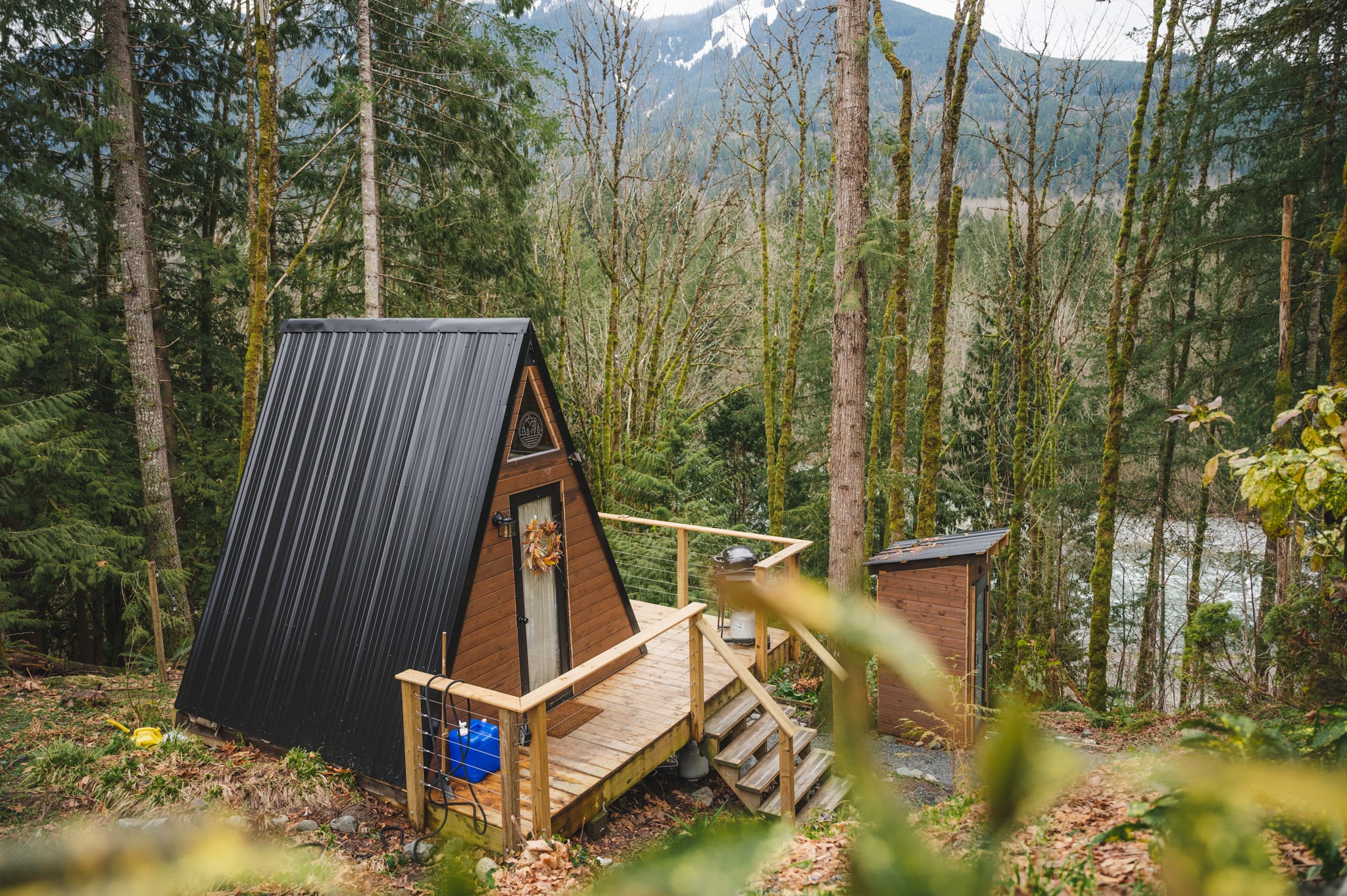 The A-frame is down the hill from the owner's home, but it feels very secluded and private.