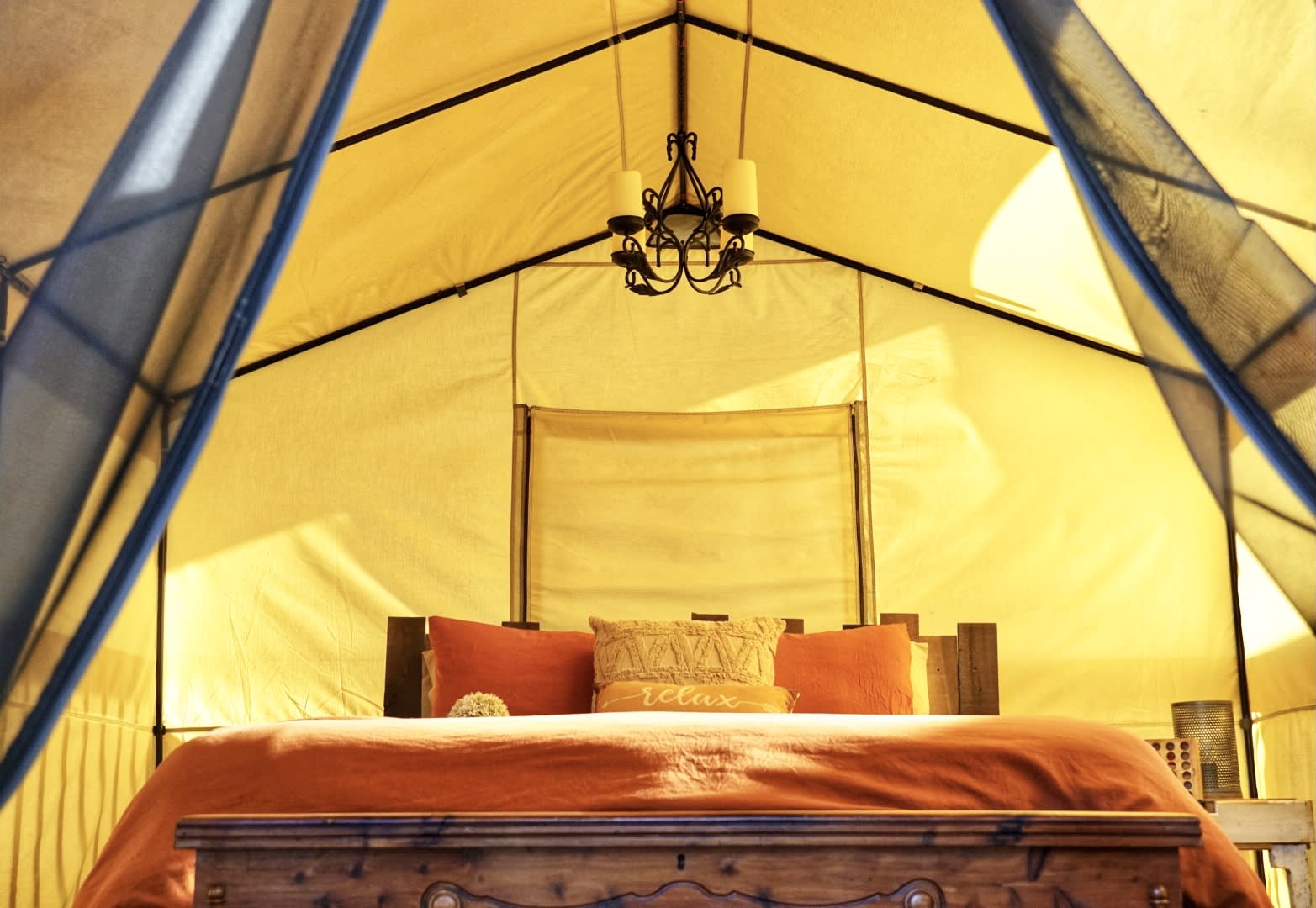 View inside glamping tent 