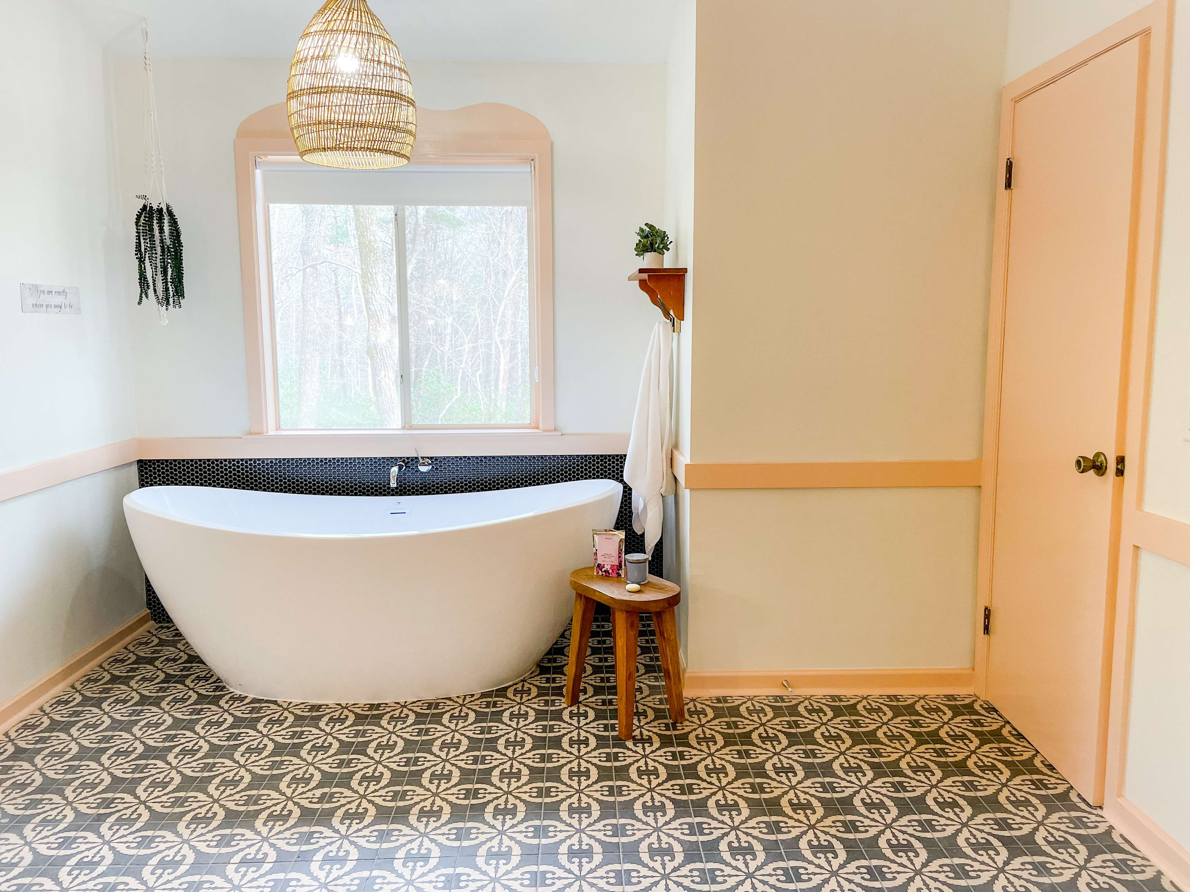 Modern 75" bathtub. Luxury soaking tub in the bathroom at Adohi Cabin, a high-end romantic cabin