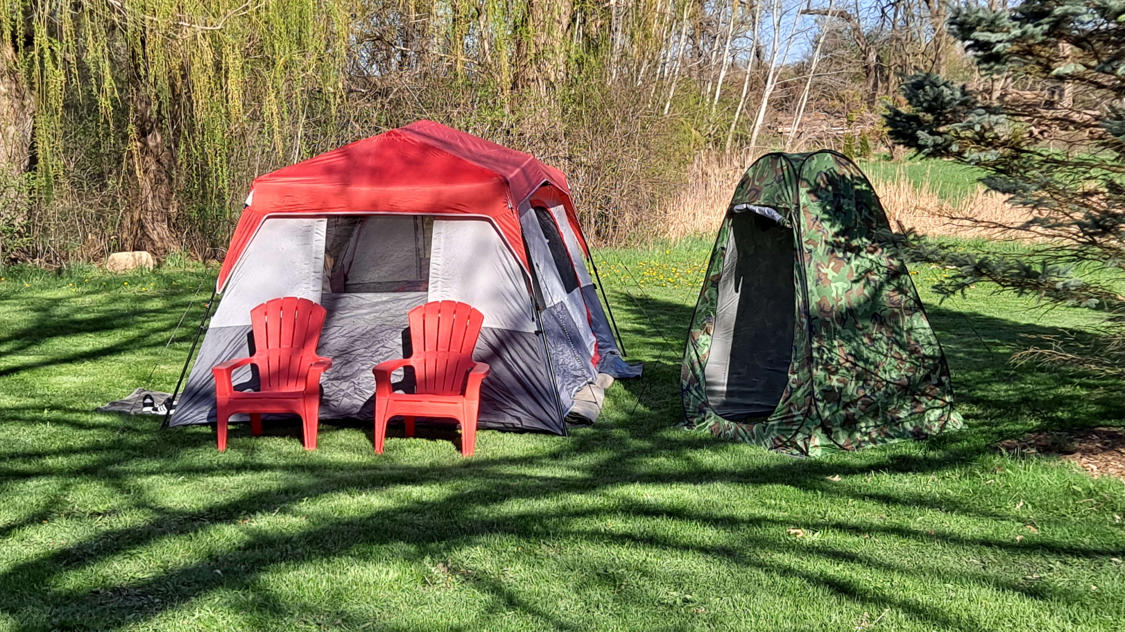 Campers can rent this tent complete with a queen bed and carpet 2 chairs, and private camp toilet for an added fee found in the extras. 