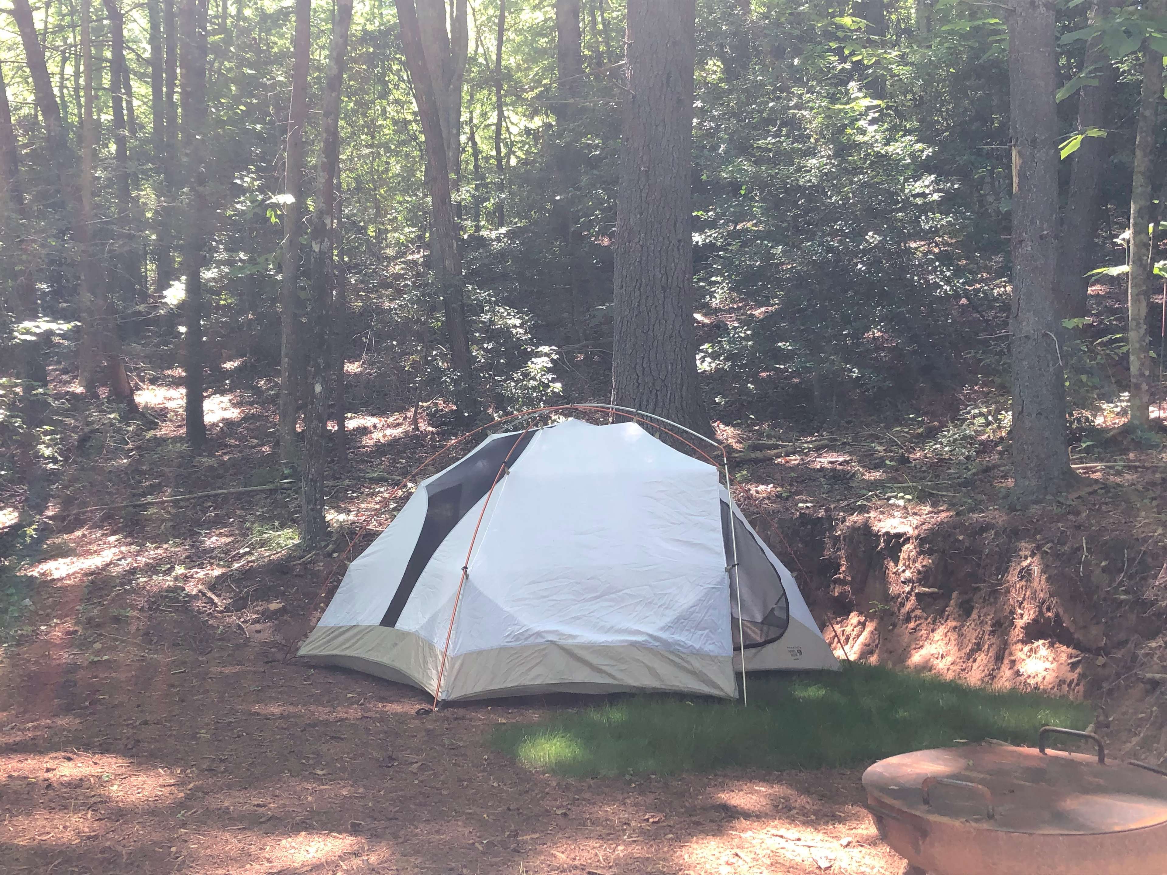 View from front of site.  3-person tent. 
Partial grass, part mulch.