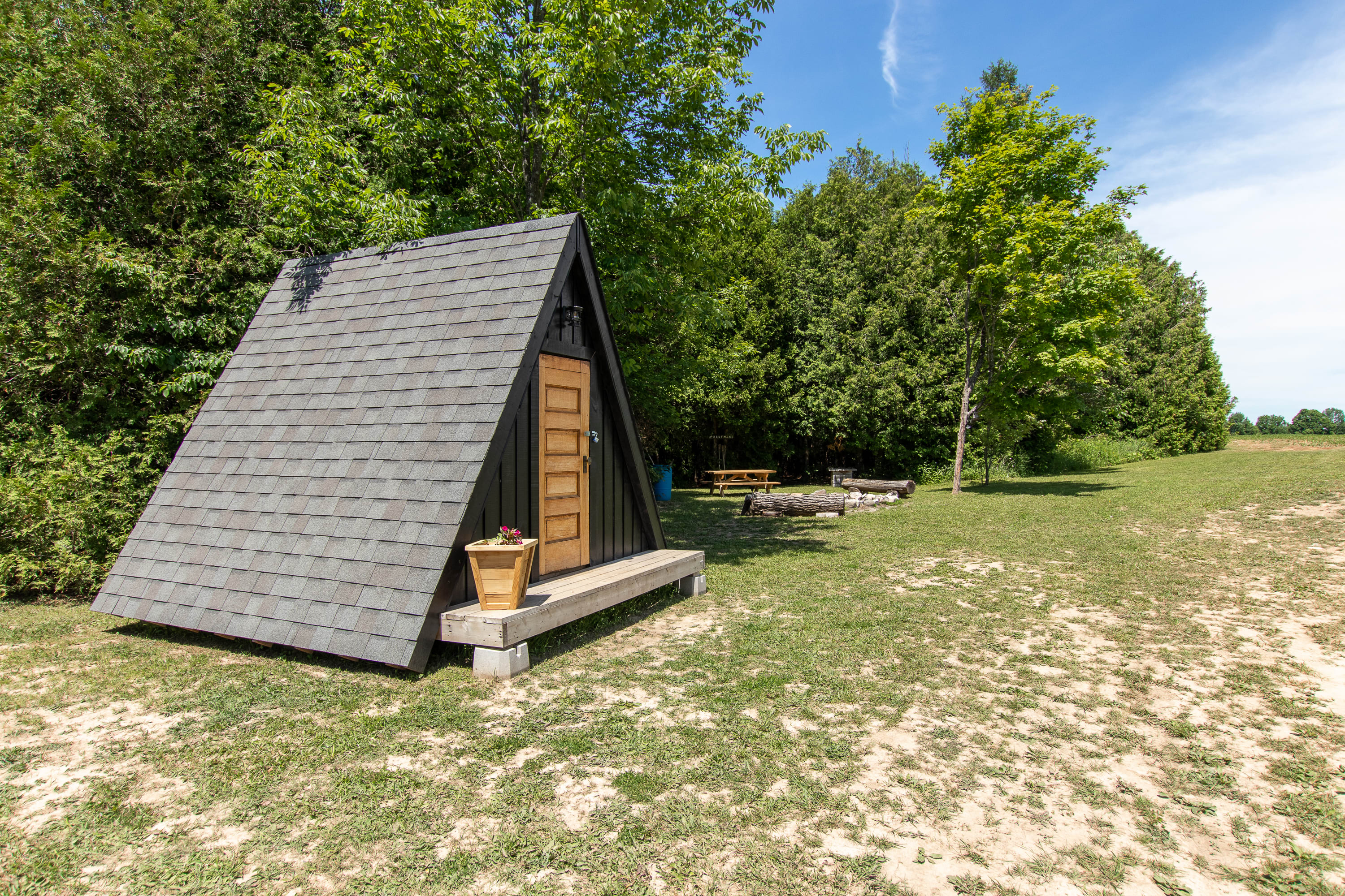 The A-frame sits on 65 acres of forest and farm fields.