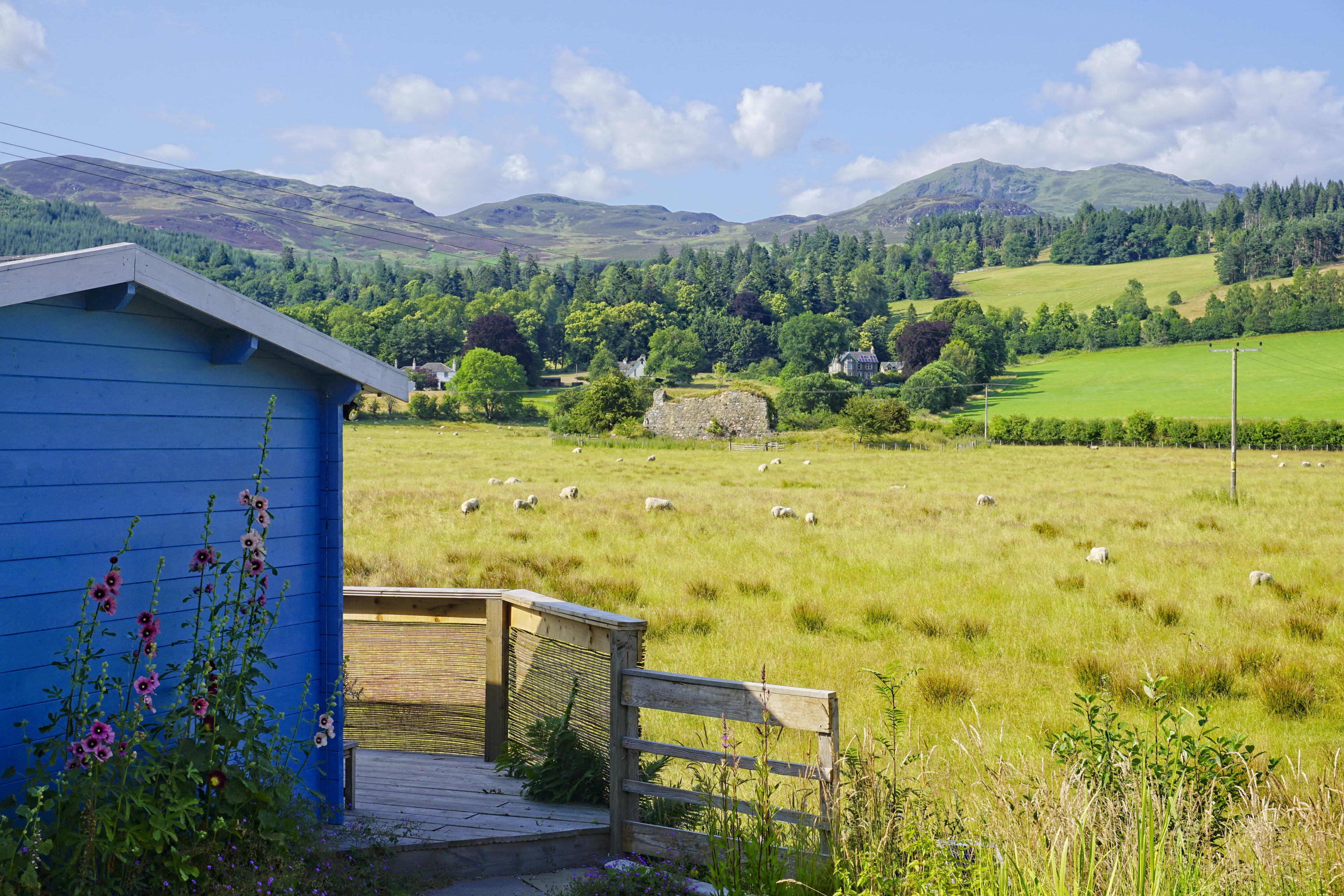 Wee Blue Dream tiny home self catering accommodation Pitlochry with amazing views and easy access to the countryside and the great local footpath 