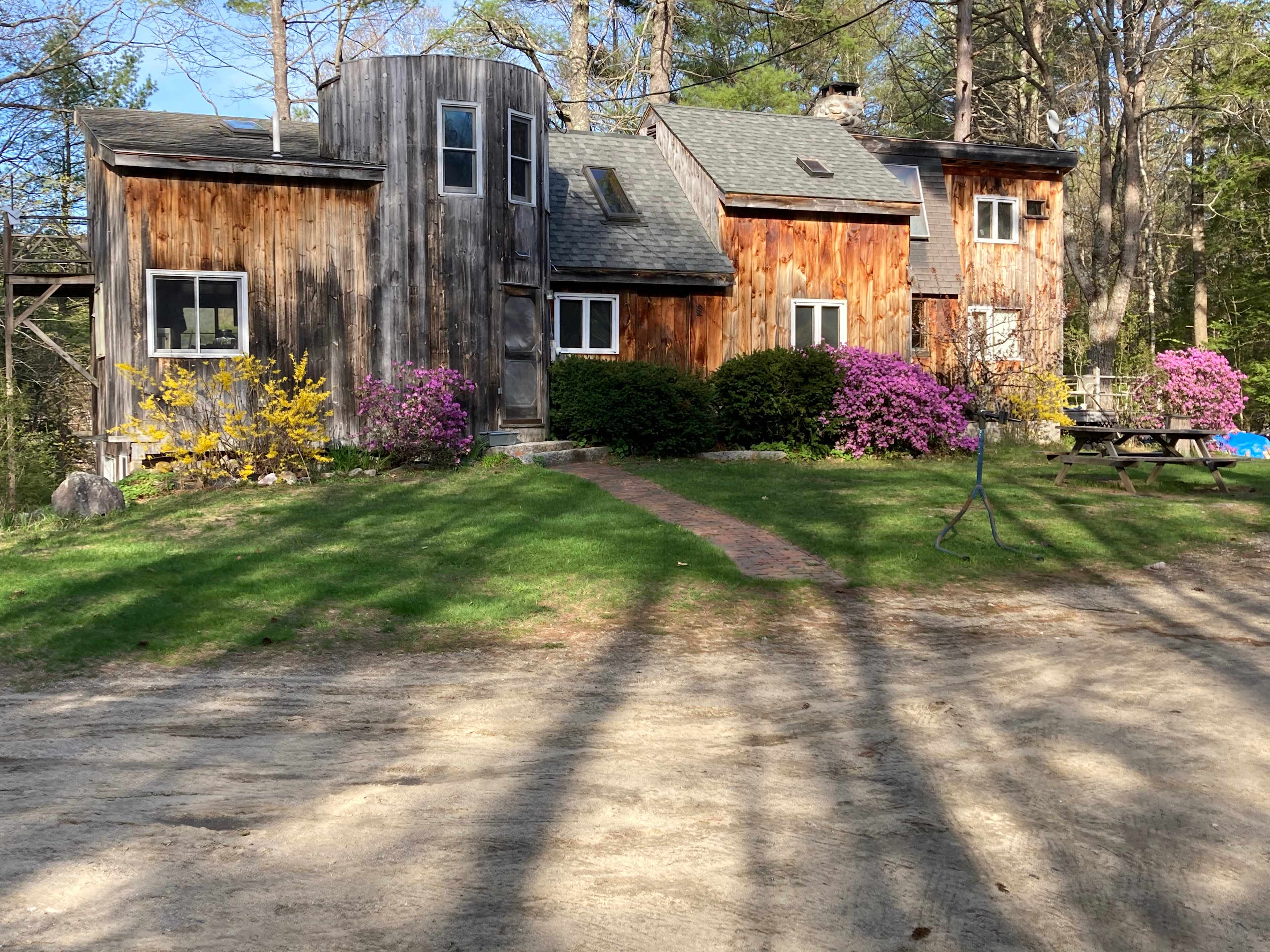 Front of Woodsy vacation Lodge, springtime