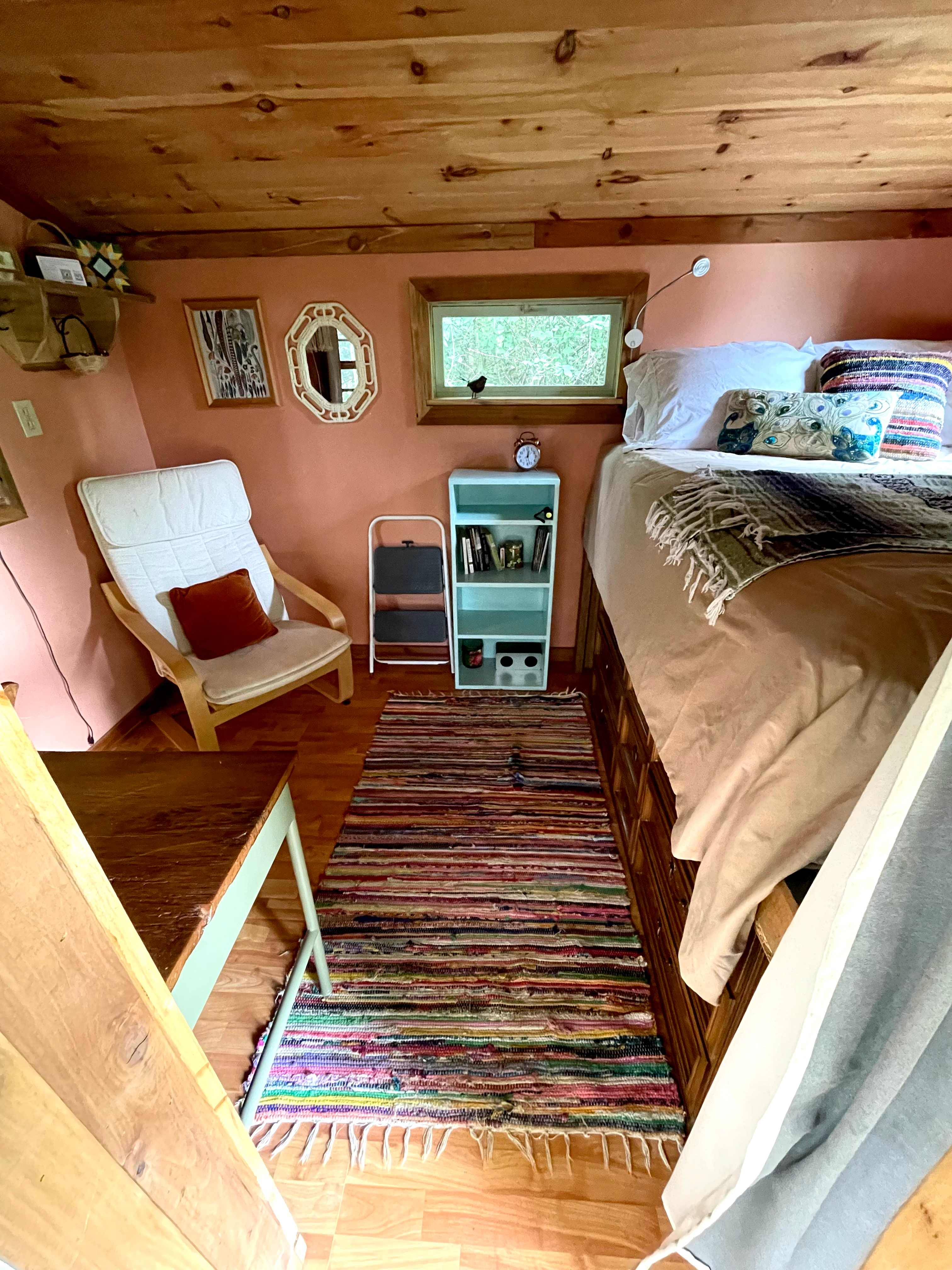 A wide angle peek inside this tiny, cozy cabin.  
