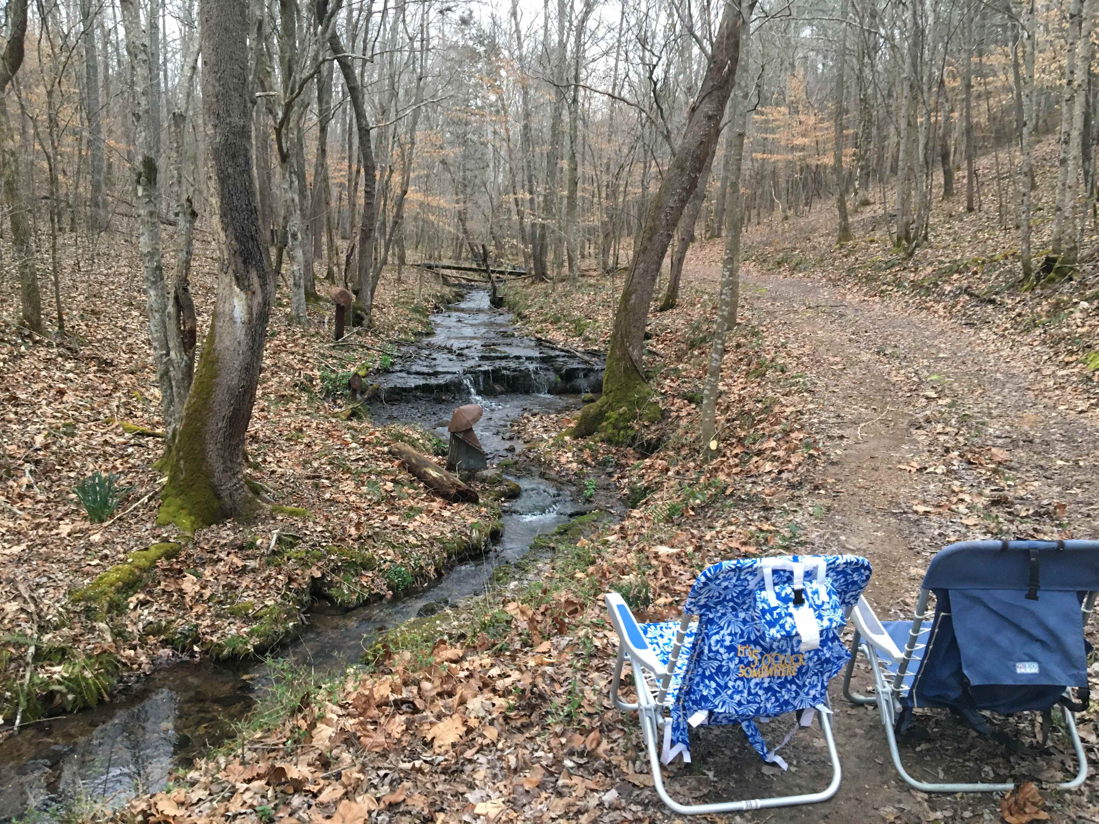 Hiking trail/road in the 2nd valley.  Site 3 (Still Hollow) is beyond the bridge.   There are several spots to choose from to set up.

