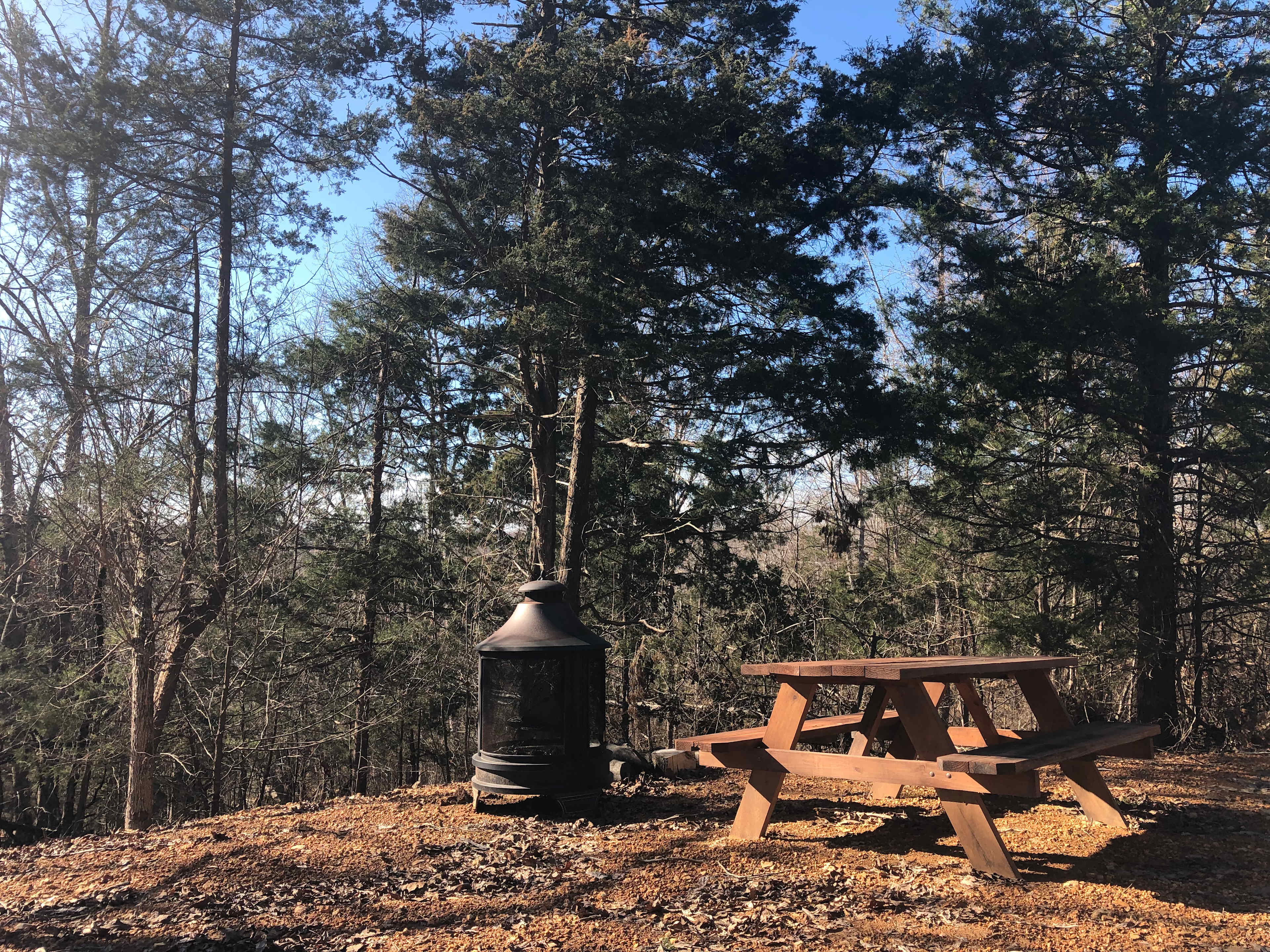 This is the view from Sunny Shire, which is campsite #2. It has a large fire pit and a picnic table for your use. It is in a very peaceful and quiet location. There is no cell signal here. If you need to use the Wi-Fi, you may park in the parking lot at the host’s cabin. Firewood is $10 a bundle and can be delivered to your campsite if we are notified in advance. 