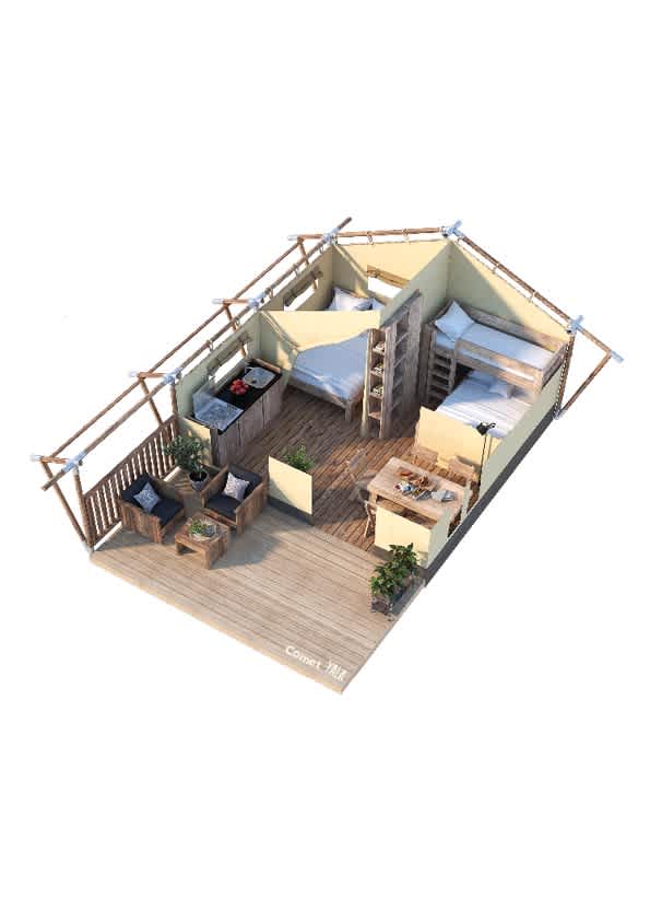 Our tents are NOT yet equipped with sink/running water or cooktop! One day! This pic to show layout, some furnishings may vary
