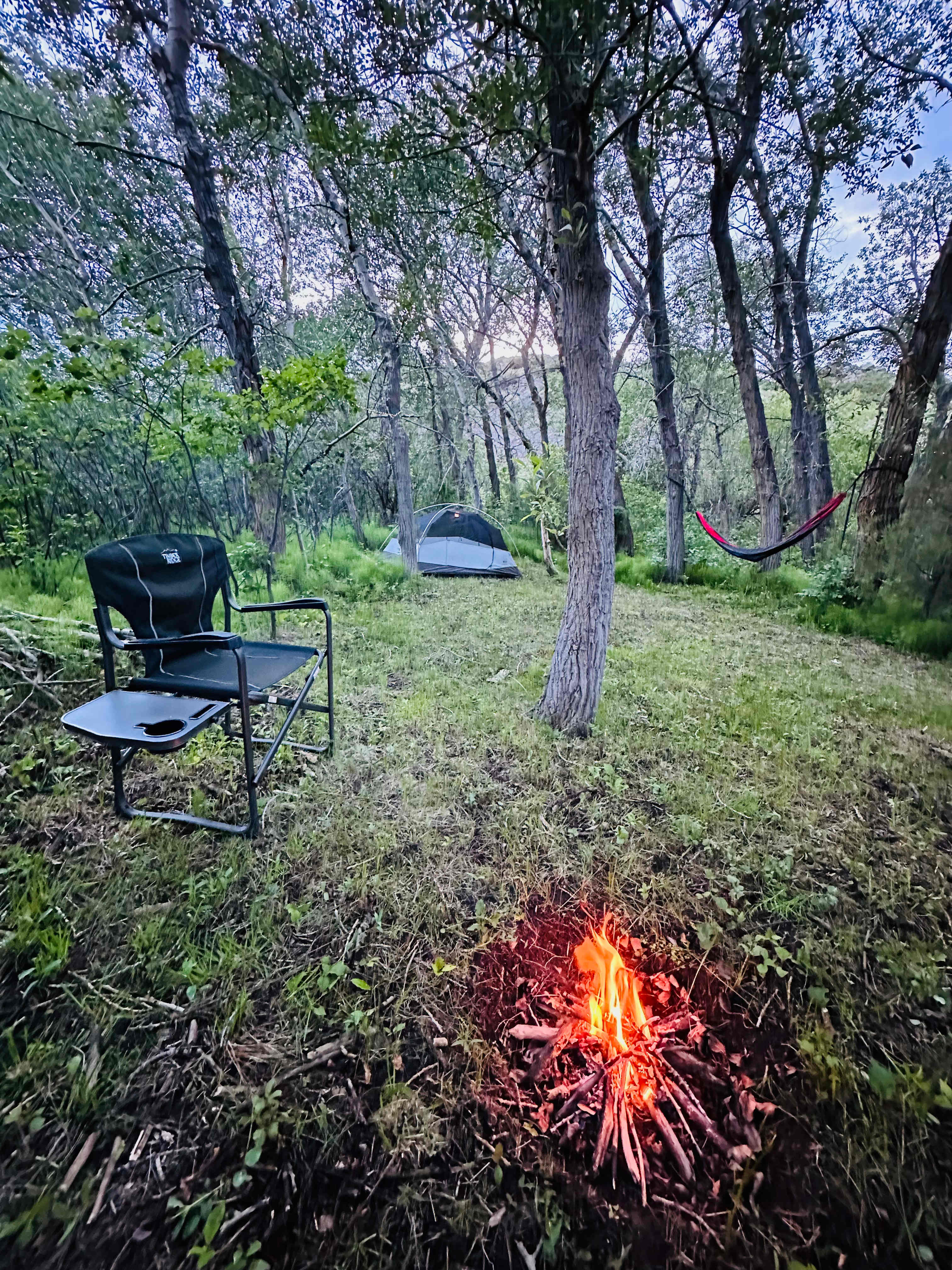 Secluded campsite with fire pit, camp chairs, hammock and solar lights. 