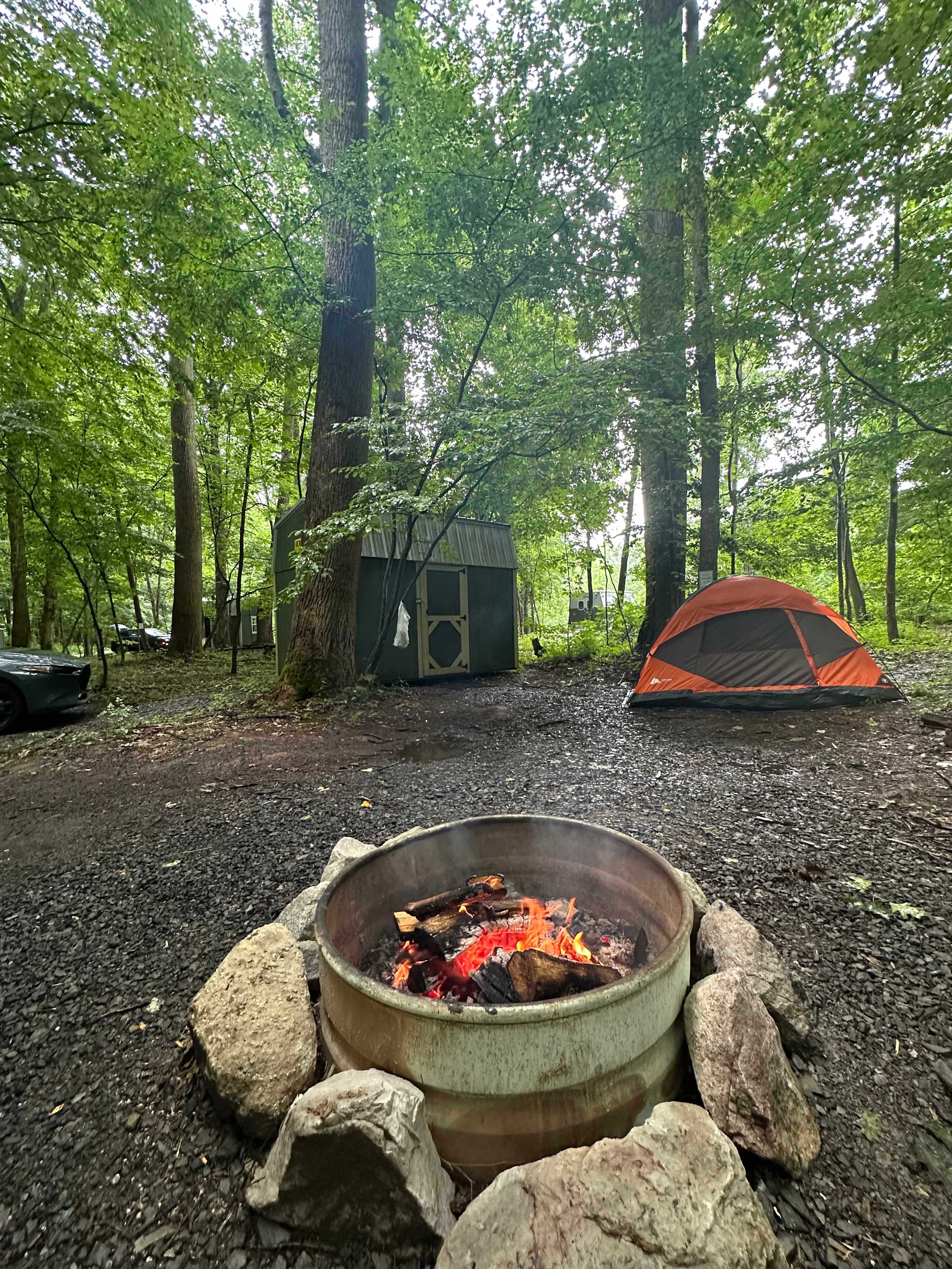 Our campsite including parking, tent and shed. 
