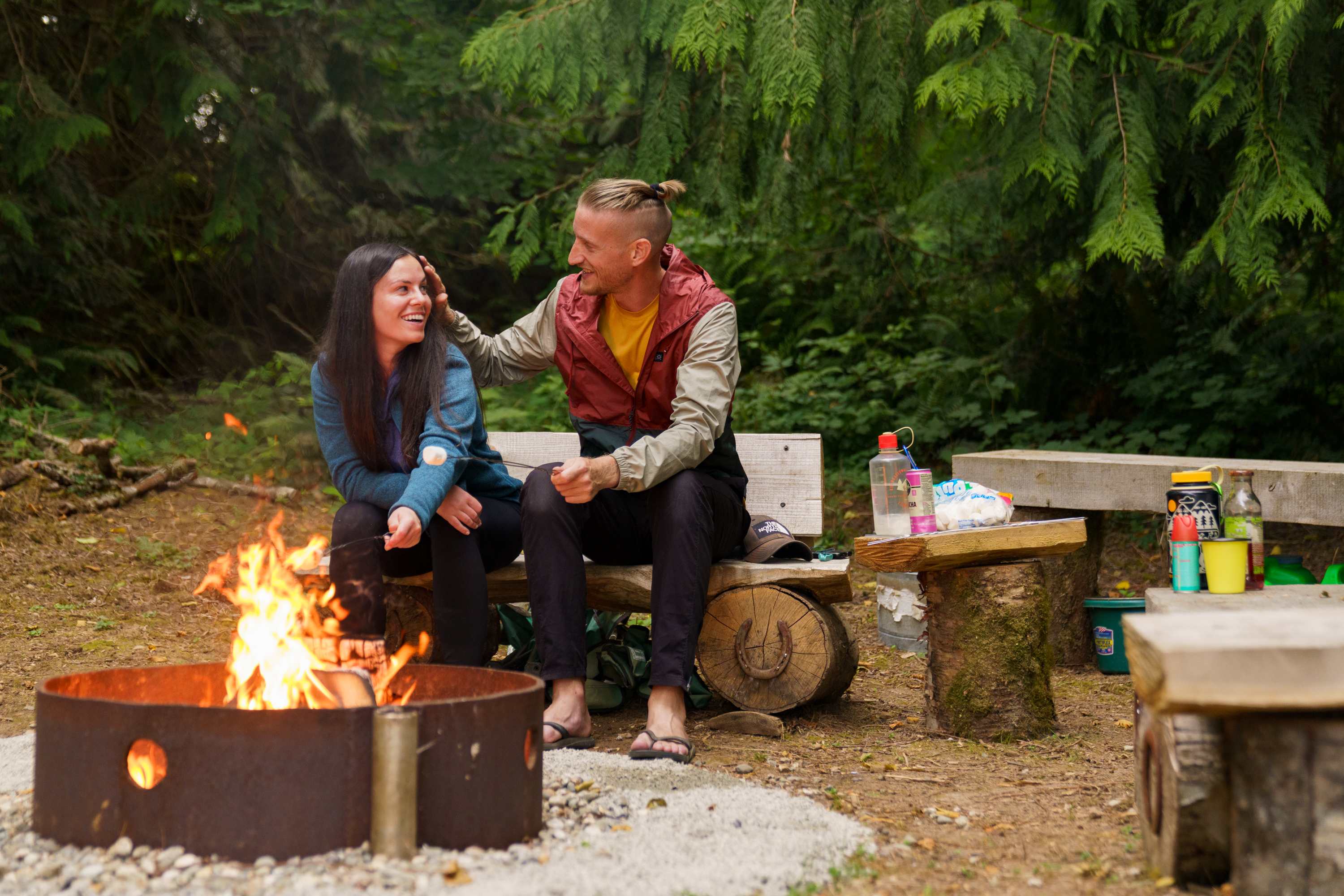 We had so much fun, was the easiest fire. Lucia had a variety of split wood, from starter pieces to big logs and even stocked it with water jugs to dowse afterwards. Plus all the comfy seats and protection from the fire.