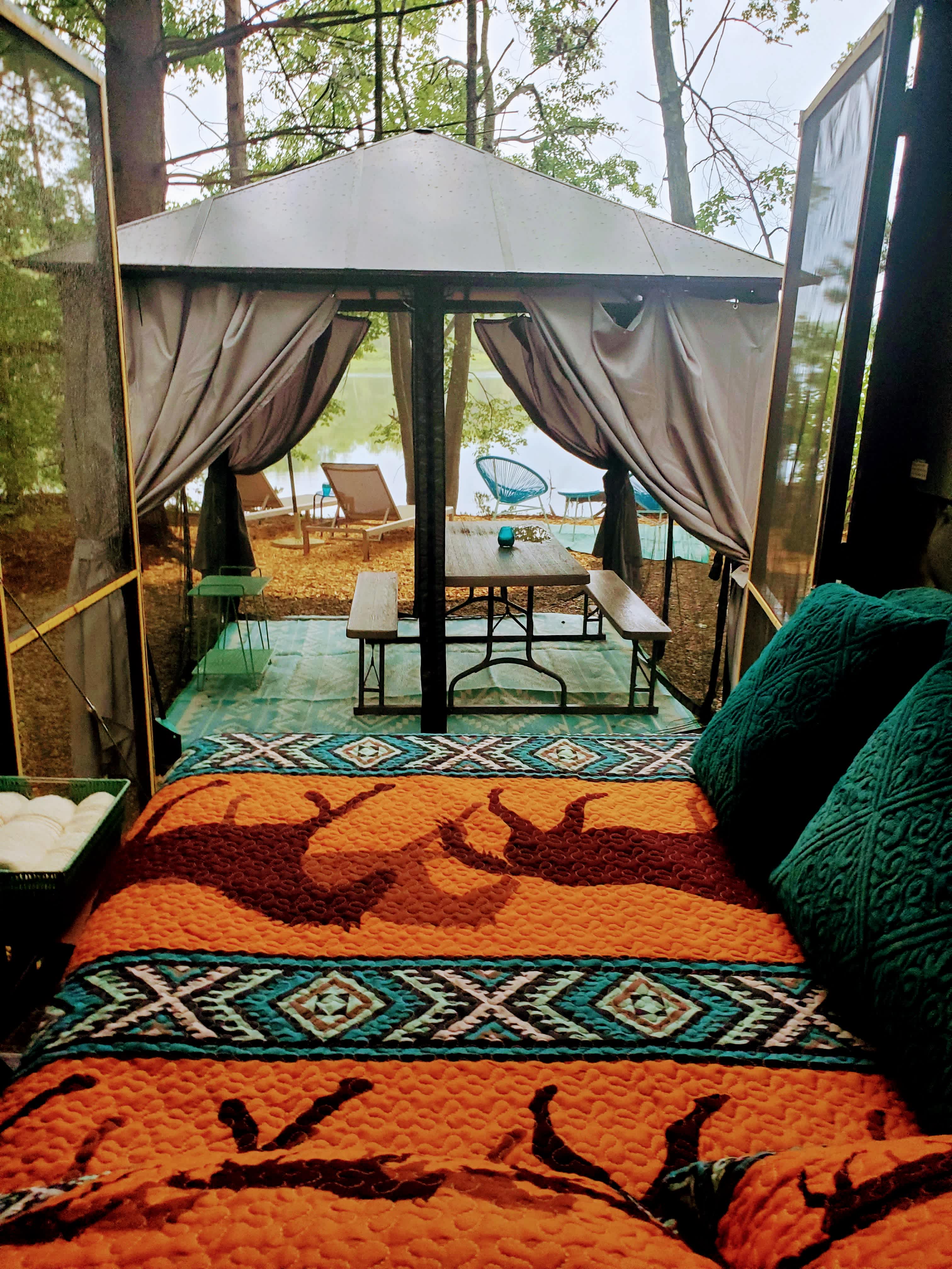 Inside the horse trailer looking out through Gazebo at the Waterfront.