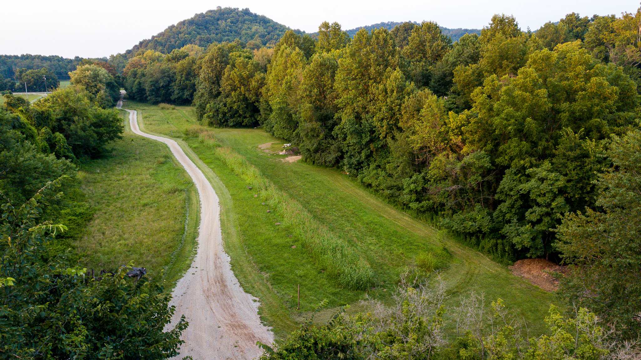Aerial view of the 5 acre camping field from the back looking toward the entrance. 
