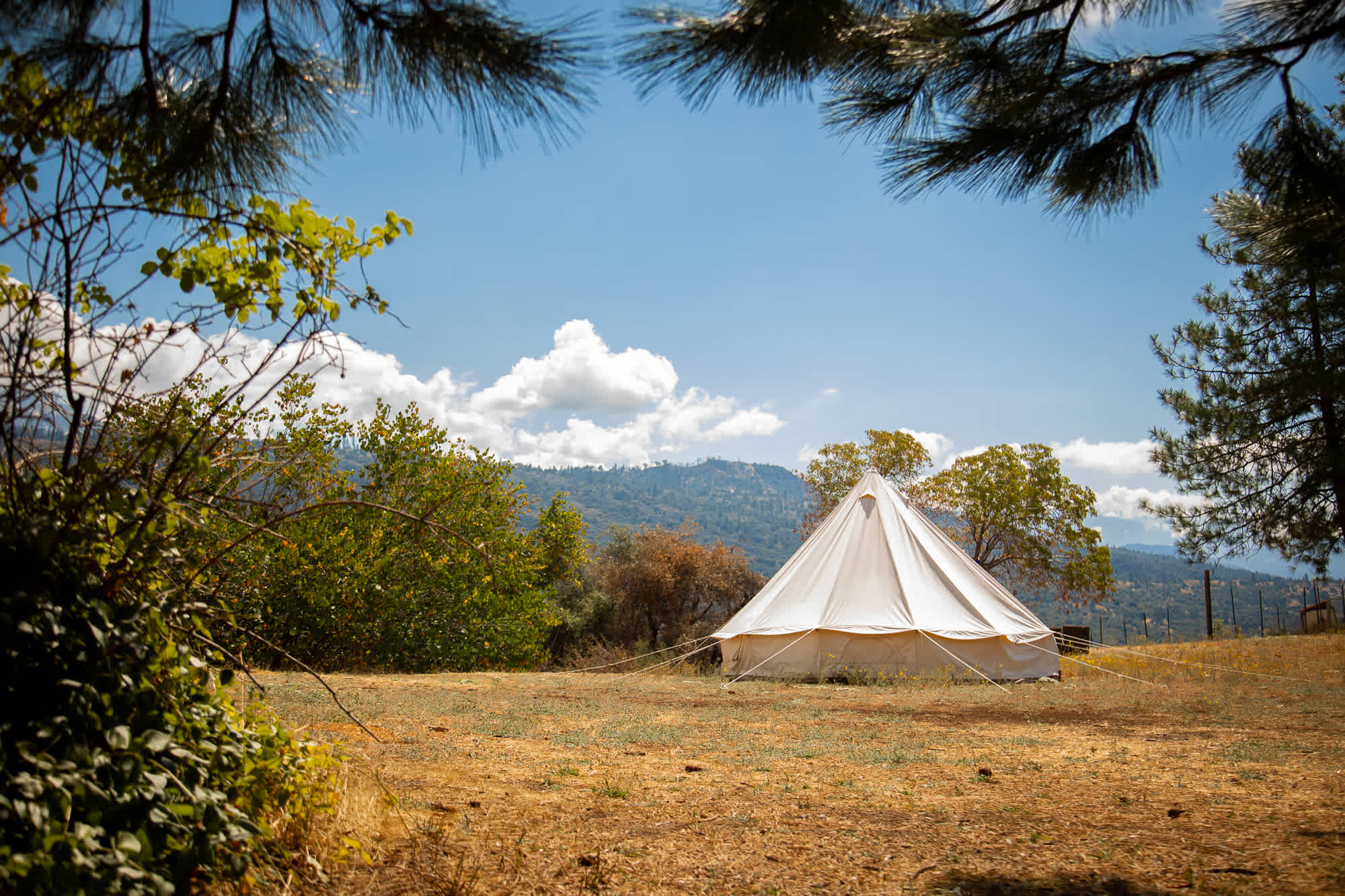View of the yurt with the mountains in the background.