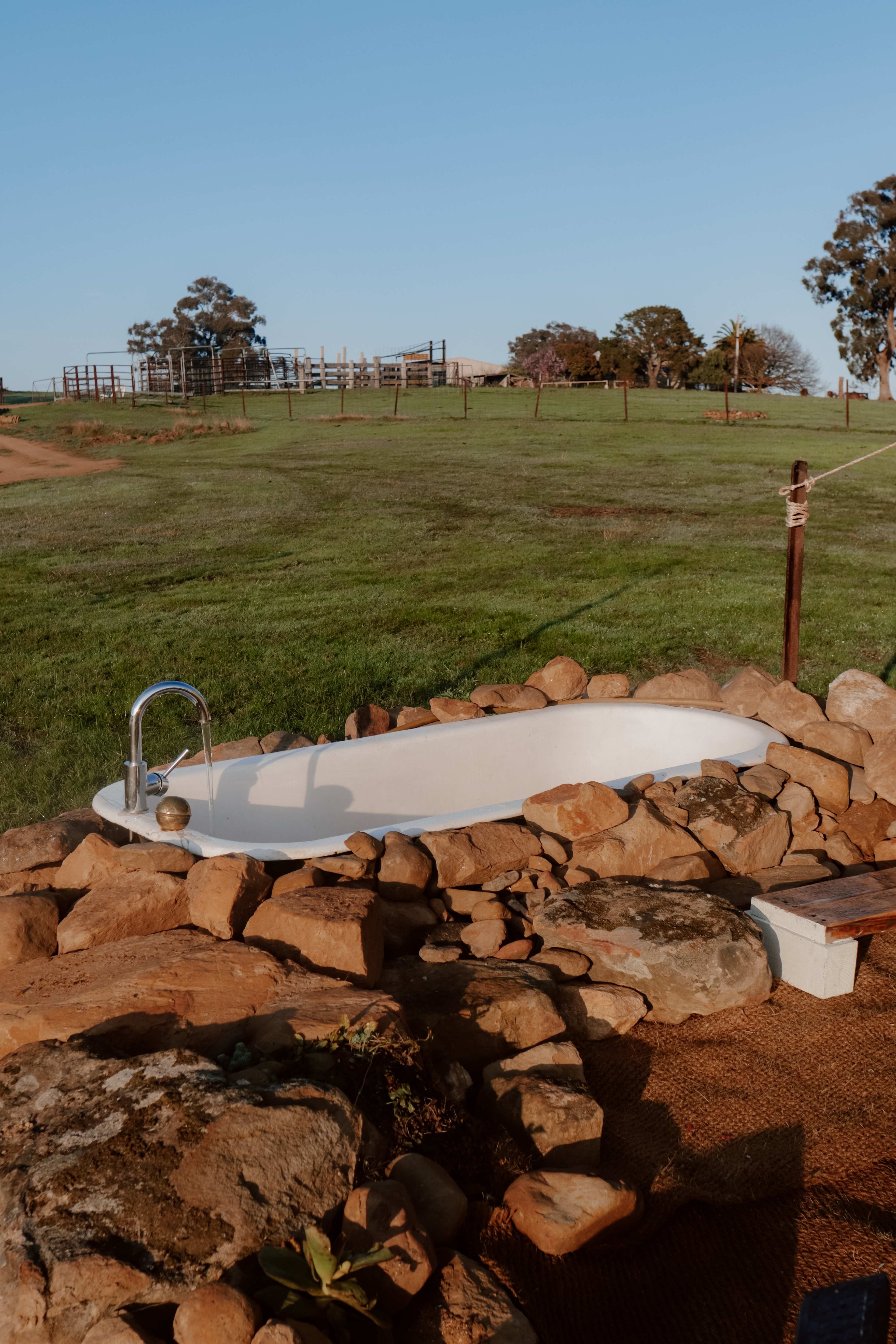 Outdoor bath at Pitched canvas tent.